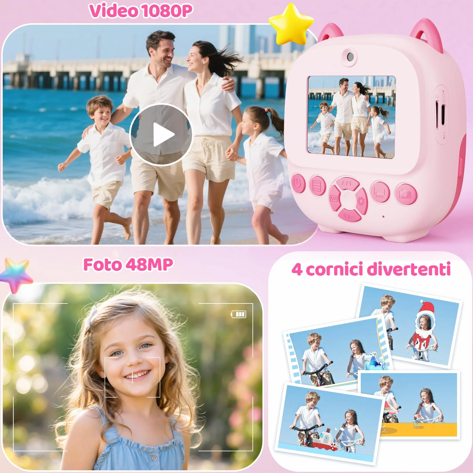 CHAKEYAKE Macchina Fotografica Bambini Istantanea, AI Riconoscimento Vocale E Immagini, Schermo da 2,4 Pollici, Funzione Foto & Video, Adesivi Creativi E Filtri, Regalo Per Ragazzi Ragazze, Rosa