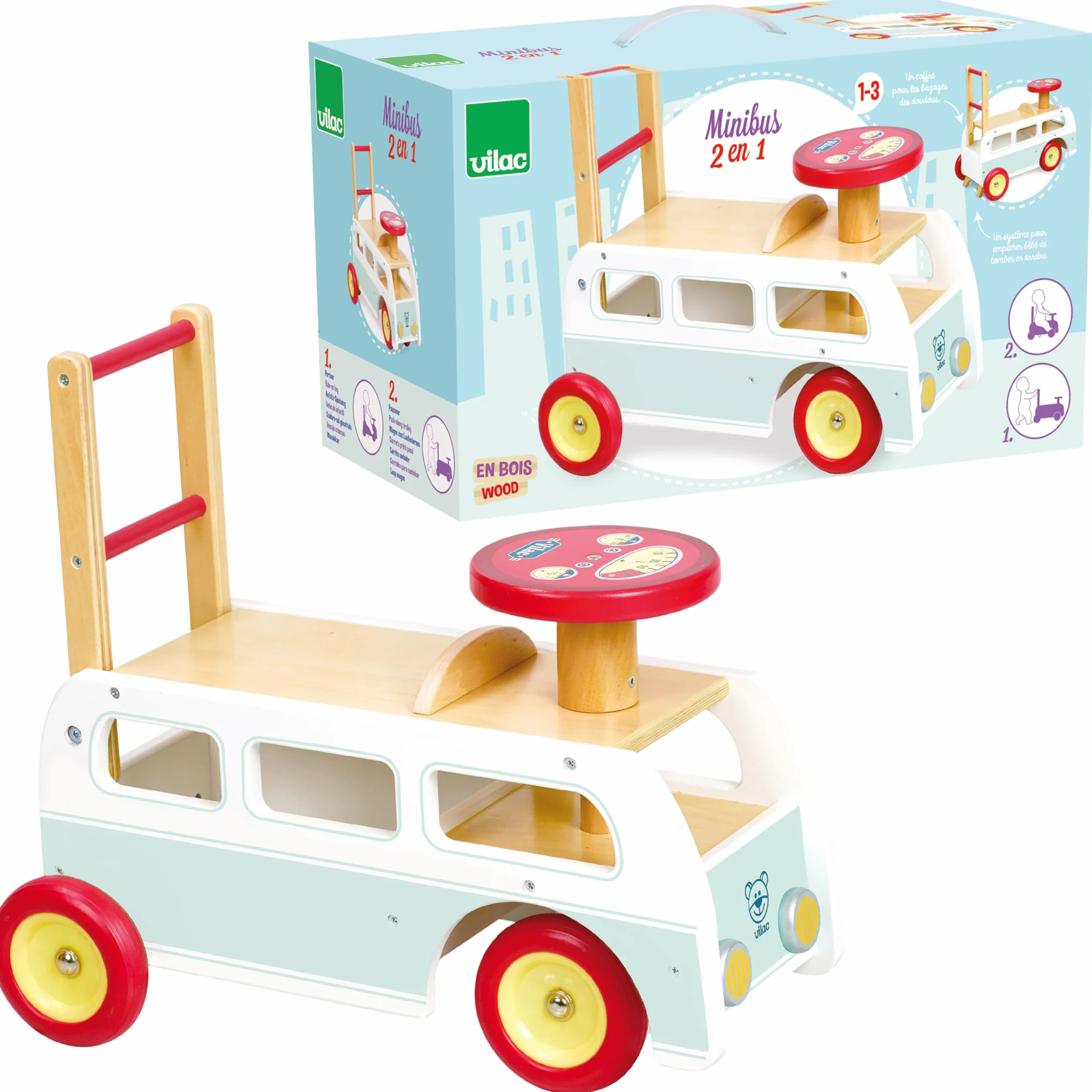 Vilac Campervan Walker 2 in 1 in legno, con scomparto nascosto, giocattolo cavalcabile, adatto per bambini dai 12 mesi in su