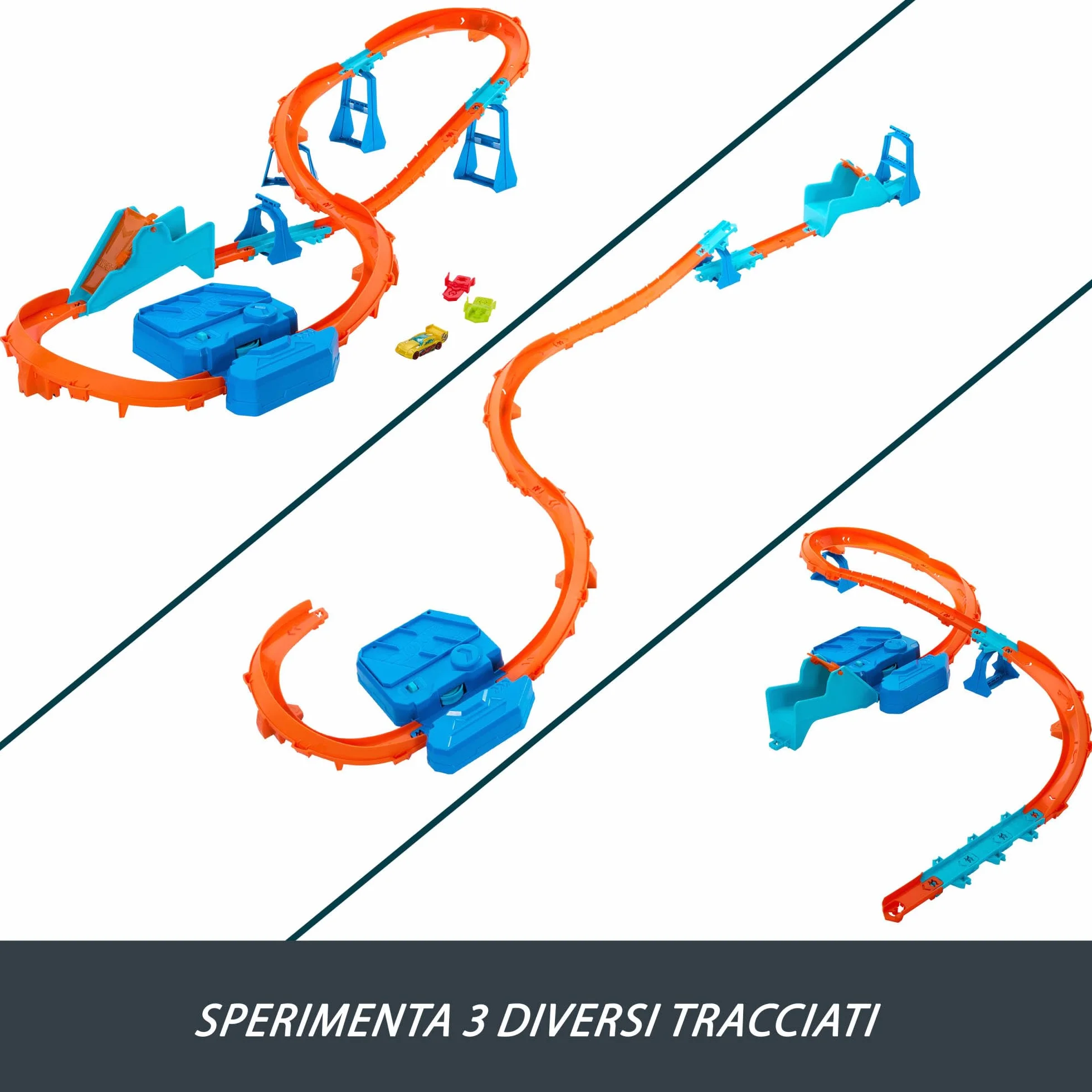 Hot Wheels - Boosted Jump Speedway, set pista con box deluxe da costruire e booster motorizzato, macchinina in scala 1:64 inclusa, giocattolo per bambini, 5+ anni, JDB49