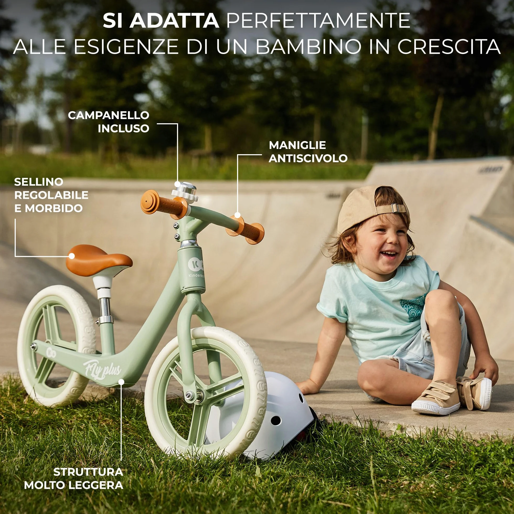 Kinderkraft FLY PLUS 2 Bicicletta bambini, Leggero Bici Senza Pedali, Stile Retro, Magnesium, Design retro, fino 2 Anni, Struttura leggera, 2.8kg, Sellino regolabile, Verde