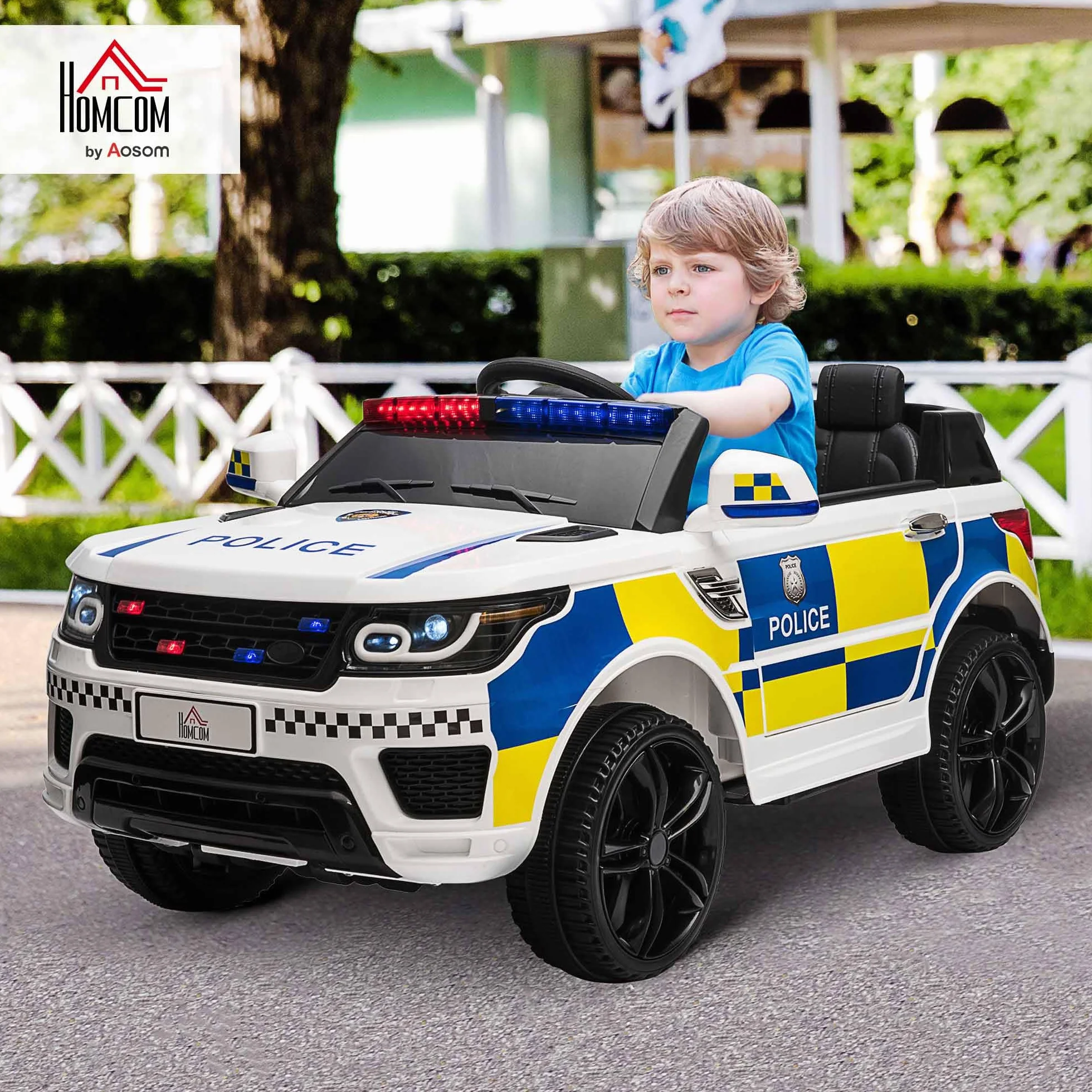 HOMCOM Macchina Elettrica per Bambini Polizia 12V Telecomando Sirena Luci USB Musica 110x68x52cm Bianco