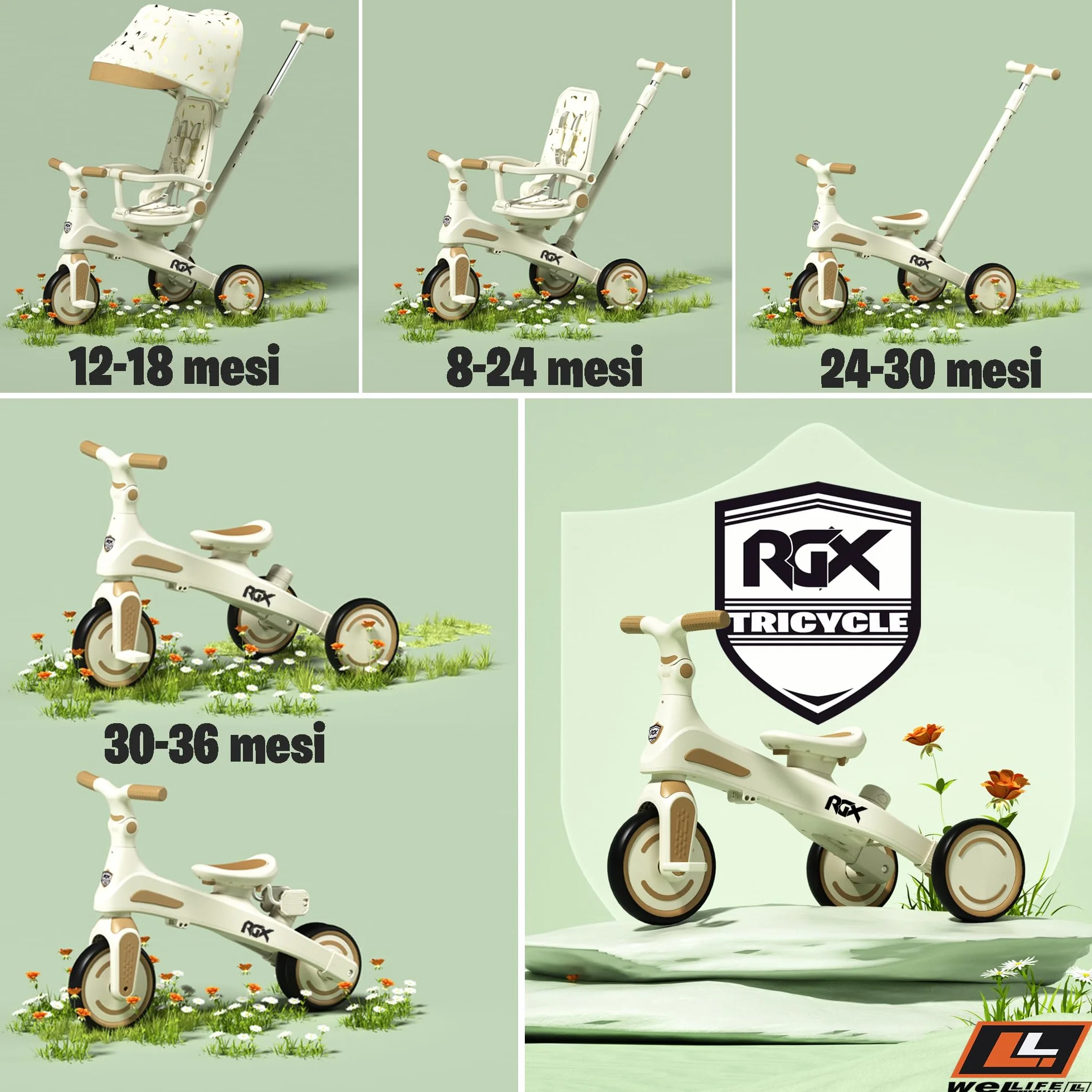 WeLLIFE RGX Triciclo Evolutivo 5 in 1 per Bambini 1-3 Anni | Con sedile girevole 360, maniglione genitore, cappottina parasole, cinture e montaggio senza attrezzi