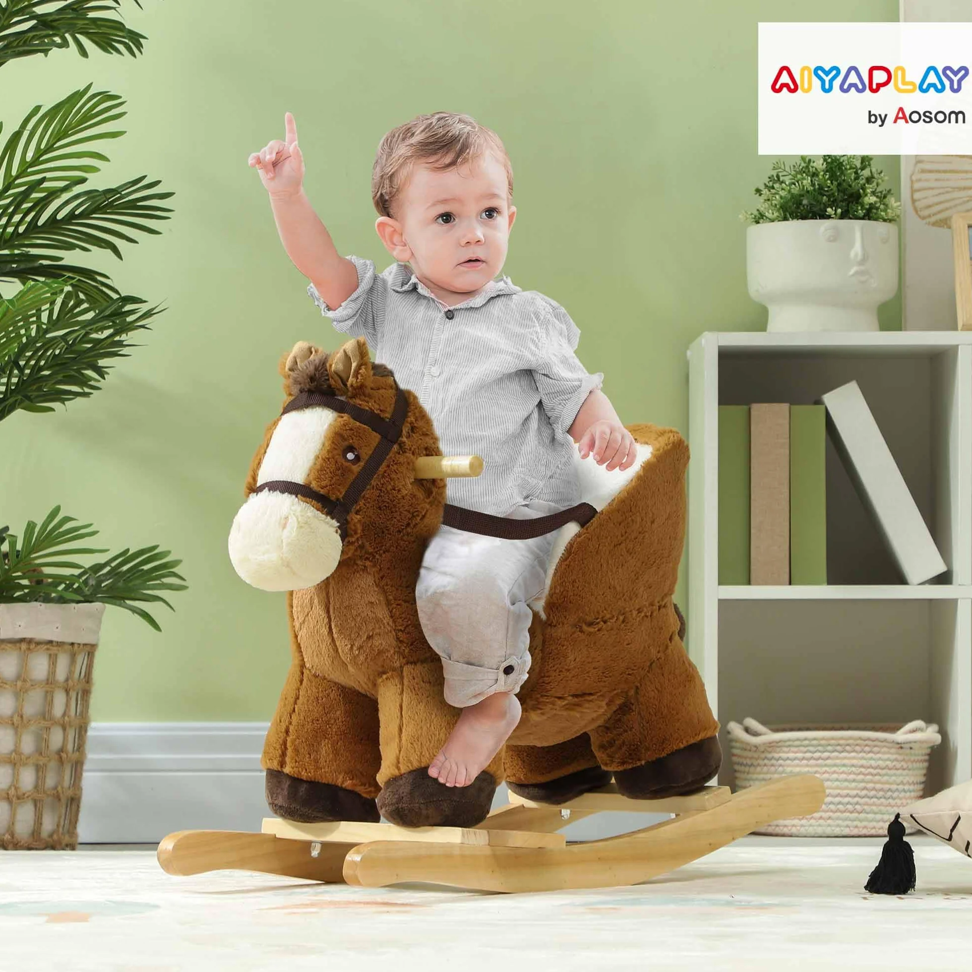 AIYAPLAY Cavallo a Dondolo per Bambini 18-36 Mesi, Cavallino in Peluche con Suoni, Base in Legno e Cintura di Sicurezza, Marrone