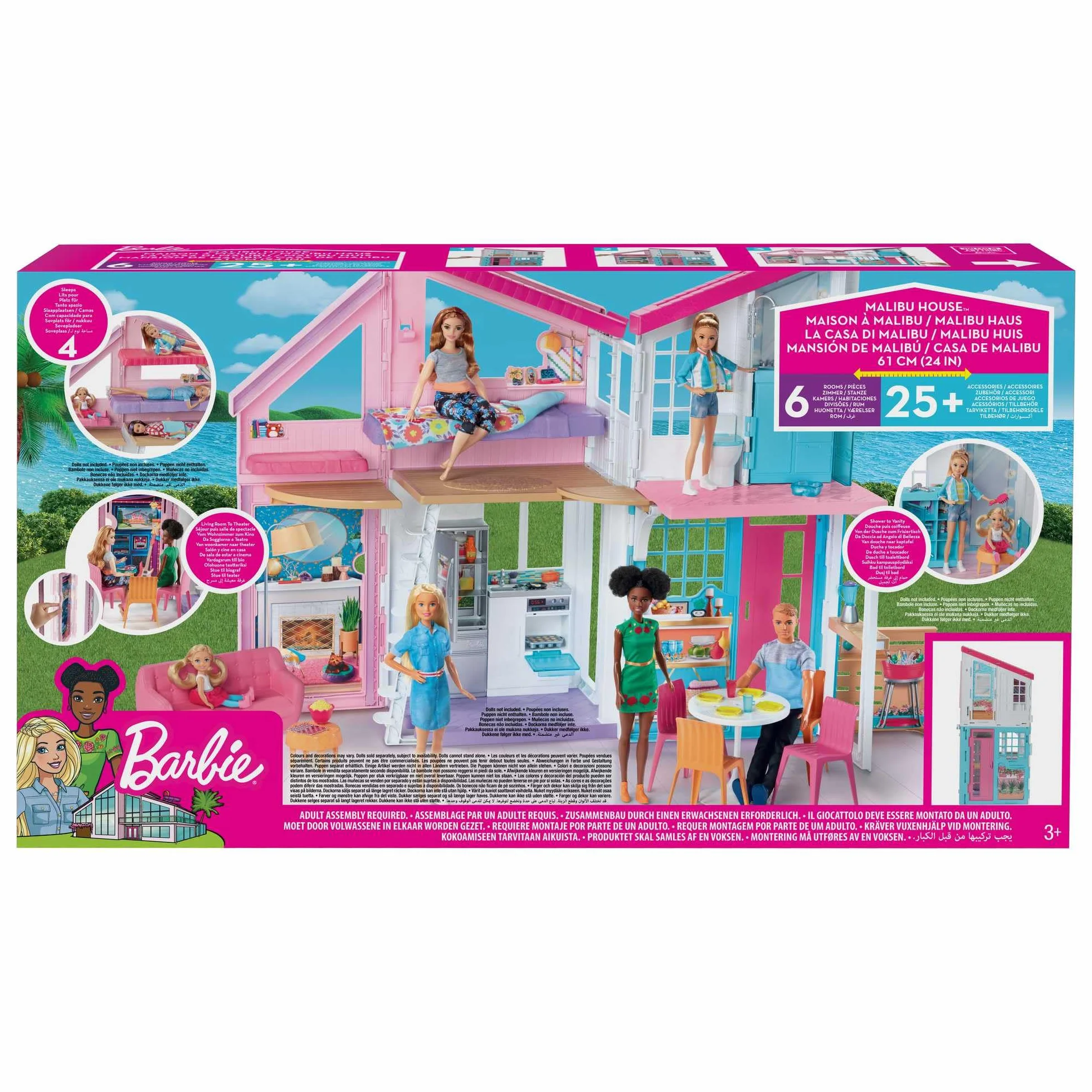 Barbie - Casa di Malibu - Casa di Barbie Malibu - Playset Trasformabile con Plug-and-Play - Oltre 25 Accessori - 60 Cm - Regalo per Bambini da 3+ Anni, FXG57