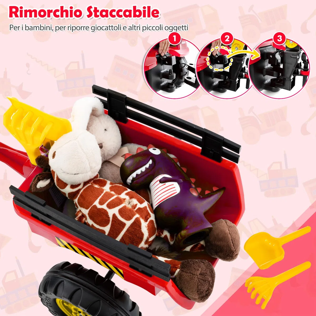 COSTWAY 3 in 1 Escavatore per Bambini, Trattore con Rimorchio Staccabile Cavalcabile, 6 Ruote, 2 Benne, Rosso