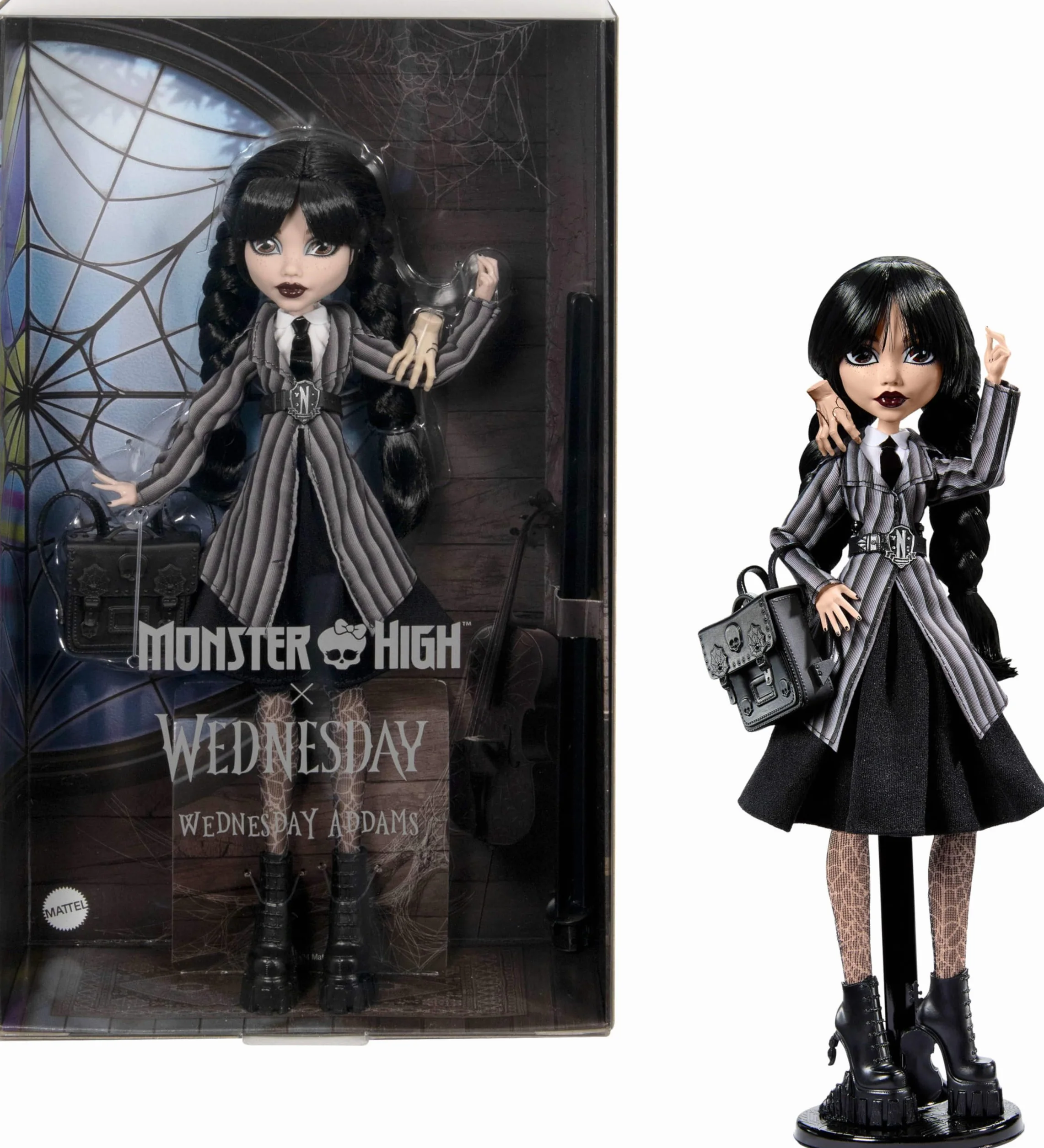 Monster High Mercoledì, bambola e accessori, Mercoledì Addams da collezione in uniforme Nevermore Academy con Mano; zaino e piedistallo per bambola, HXJ04