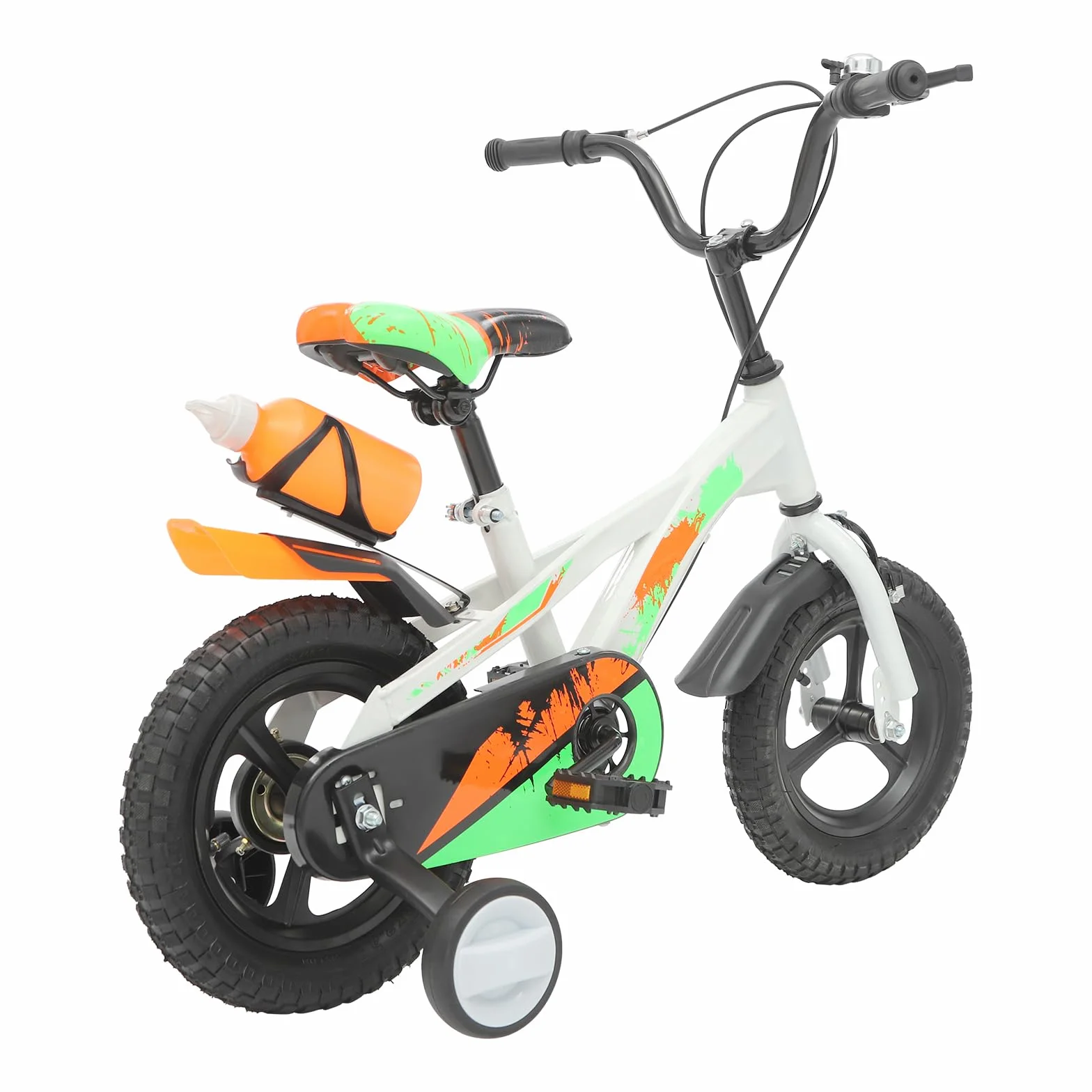 Bicicletta per bambini da 12 pollici, con ruote di supporto e bottiglia d'acqua, regolabile in altezza, bicicletta da allenamento con campanello, per bambini da 2 a 5 anni