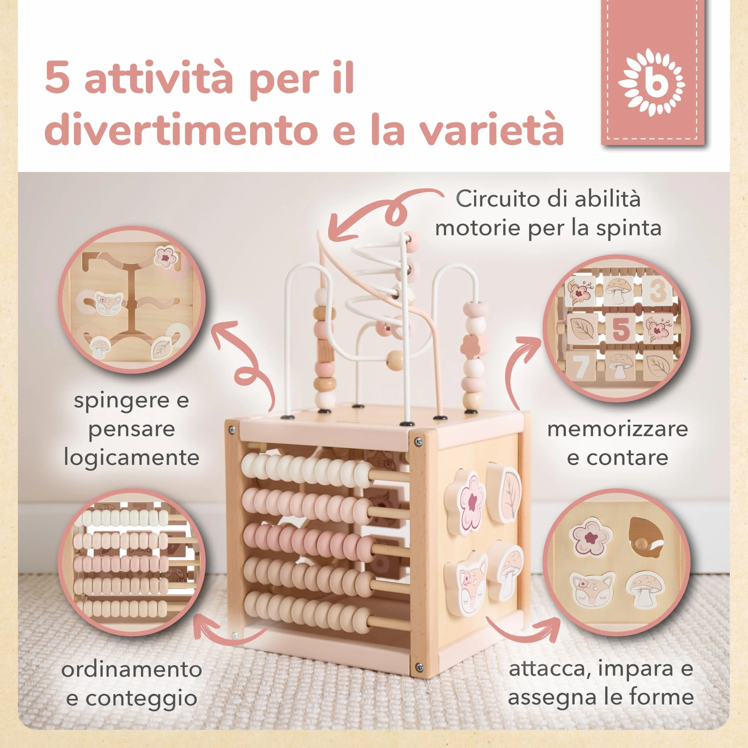 Bieco REH Ella - Cubo motorio in legno sostenibile FSC®, giocattolo per bambini, a partire da 1 anno, cubo di attività Montessori