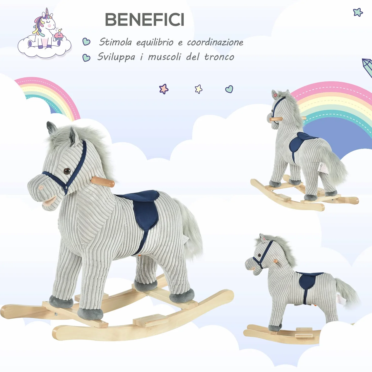 HOMCOM Cavallo a Dondolo per Bambini 3-6 Anni, Cavalluccio a Dondolo Interattivo Riproduce Suoni, in Peluche Grigio, 73x35x64cm