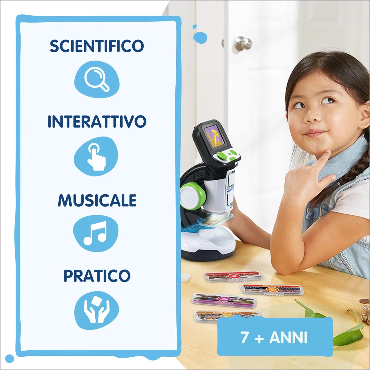 VTech Video Microscopio Interattivo, Microscopio Bambini Digitale con Video Originali BBC, Schermo 2,4", Zoom 200x, 9 Vetrini Illustrati, Slot MicroSD, Lingua Italiana, Batterie Incluse, 7-99 Anni