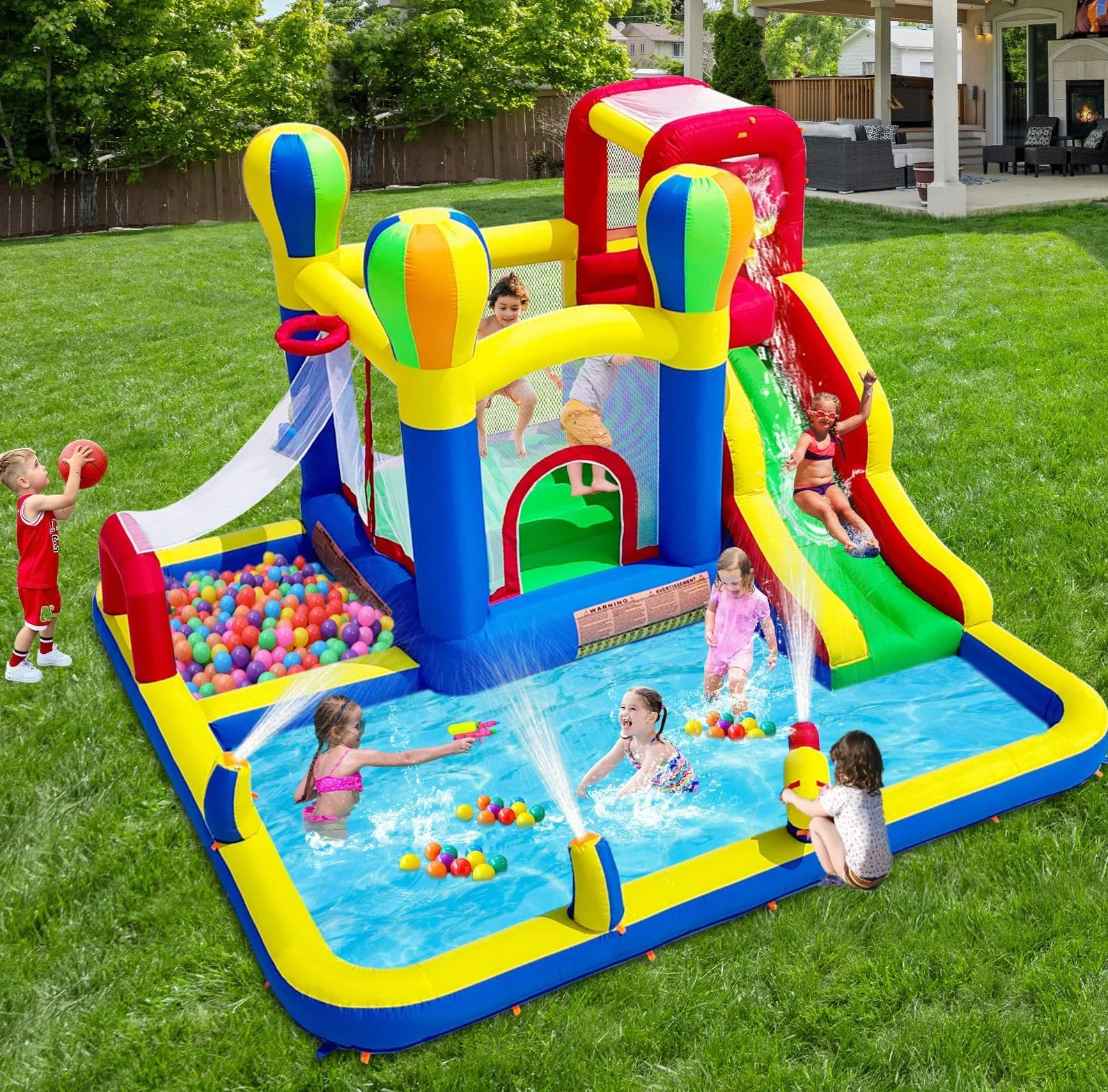 Baralir Castello gonfiabile con ventilatore, Parco acquatico, Scivolo a secco/Acqua, 343x338x202 cm, Castello gonfiabile interno/esterno, I migliori regali di vacanza/Compleanno per bambini