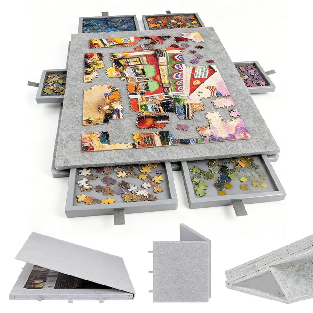 Tavolo per puzzle inclinabile per 1000 pezzi con 6 cassetti, tavolo puzzle portatile con supporto 2 in 1 e copertura, tavolo puzzle in feltro super leggero per adulti, colore grigio