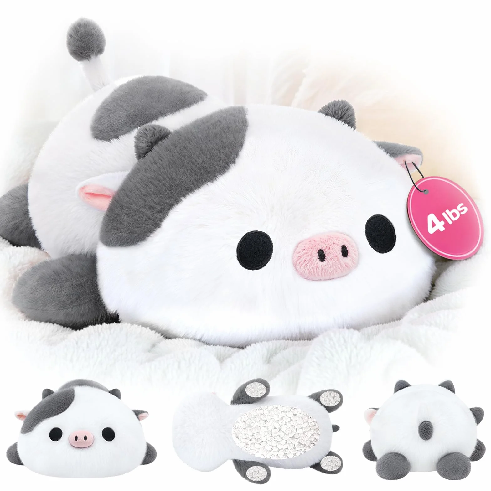Mewaii Peluche Ponderato Mucca Grigia Bianca 58CM 4.0 Lbs – Cuscino Giocattolo Kawaii Morbido e Confortevole, Compleanno e Occasioni Speciali