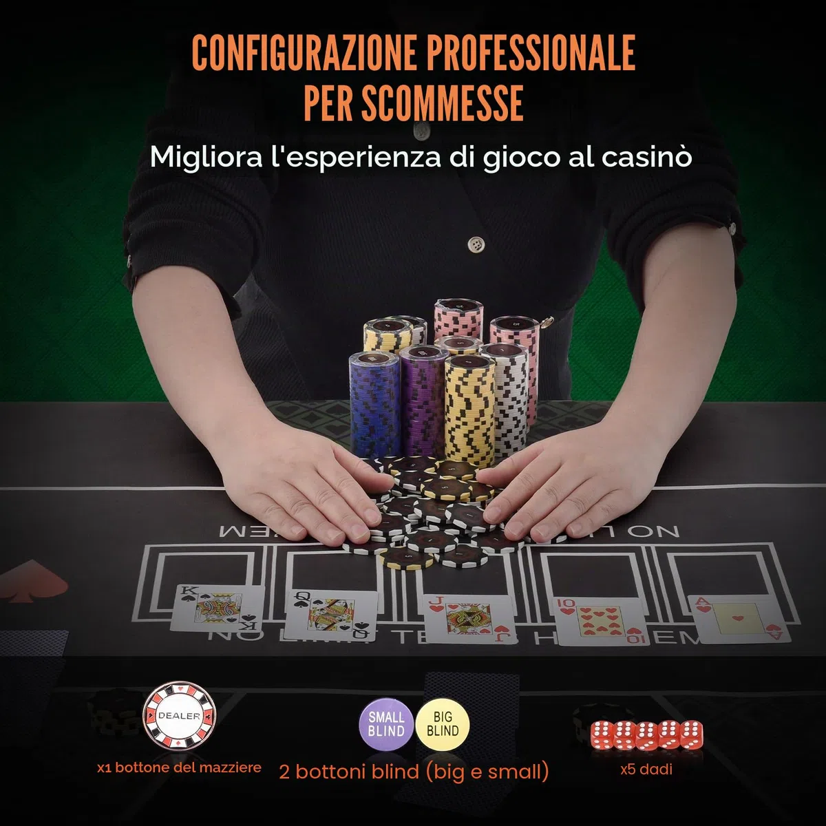 VEVOR Set di Fiches da Poker, Set Poker 500 Pezzi, Set Completo Fiches Carte da Giochi in Argilla con Valigetta in ABS, Fiches da Poker 9-10 Giocatori, Carte, Bottoni Dadi per Texas Hold'em, Blackjack