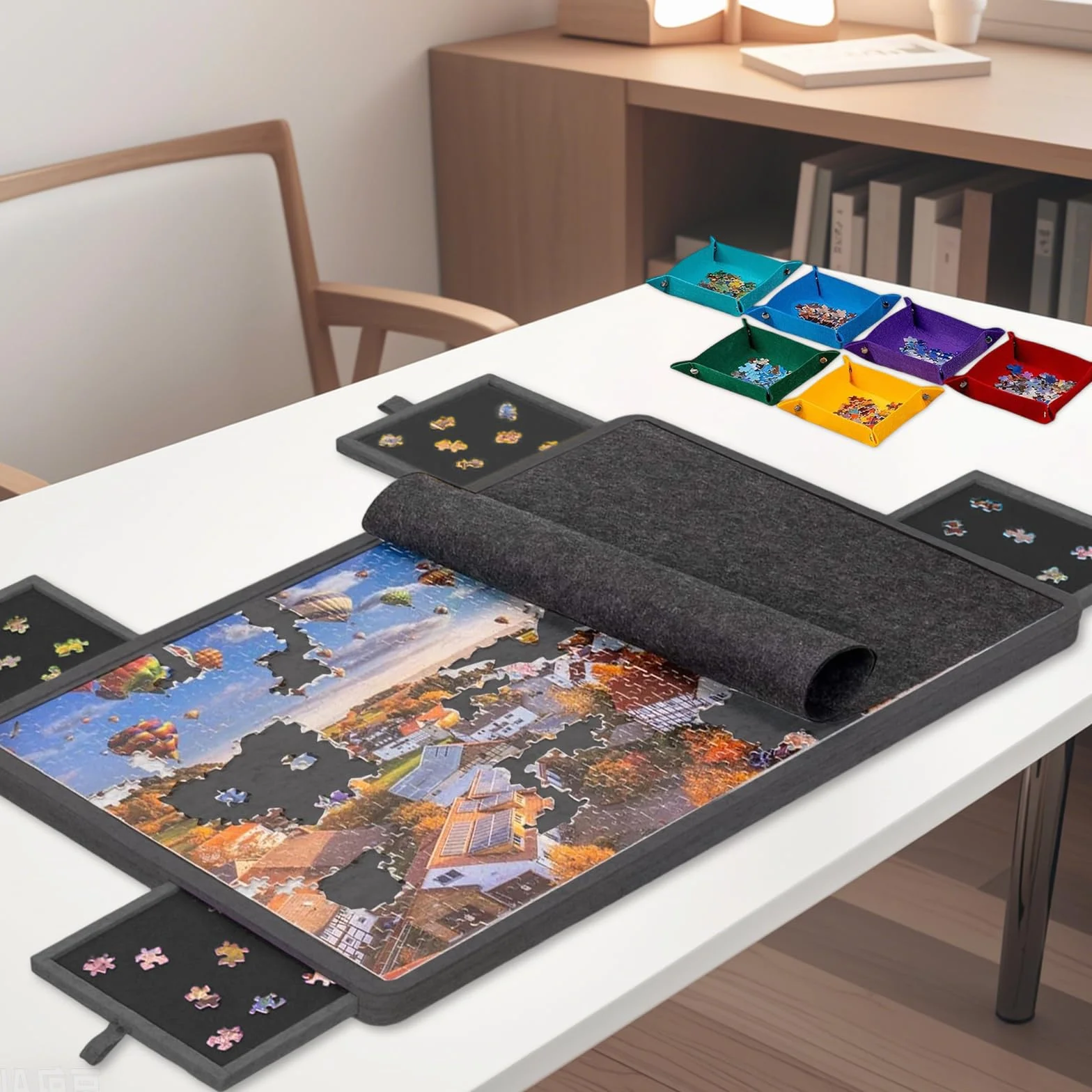 Jigsaw Puzzle pieghevole con 4 cassetti, tavolo puzzle portatile con supporto 2 in 1 e copertura, super leggero in feltro con 6 scomparti, accessorio puzzle per fino a 1000 pezzi (nero)