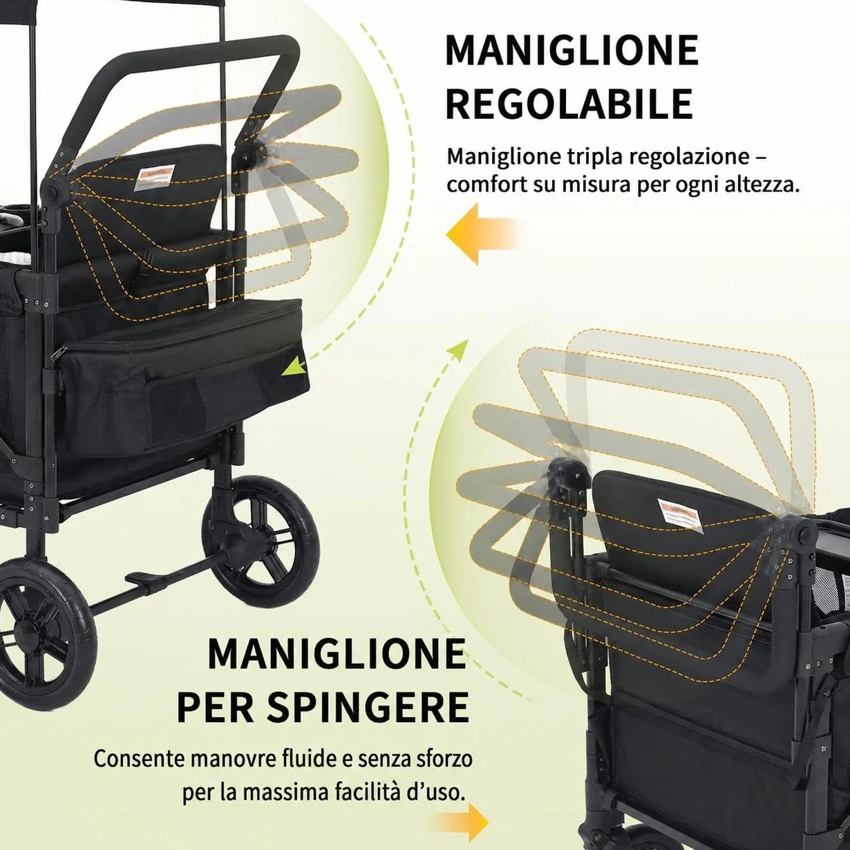 Passeggino a 4 Posti Per Bambini Pieghevole Tutto Terreno, Cappottina Regolabile, Maniglia Push & Pull, Vassoio Merenda, Imbracatura 5 Punti Di Sicurezza, Ruote Girevoli e Fisse, Spazio Ampio
