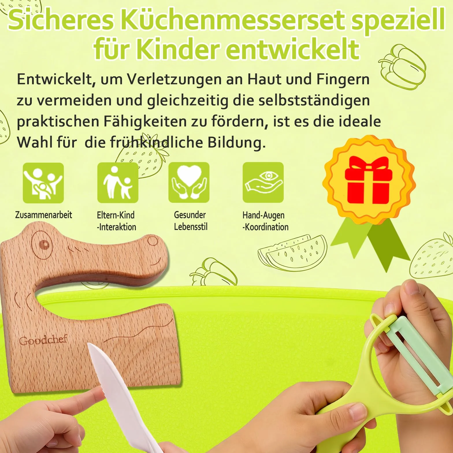 Coltello per bambini Montessori 11 pezzi, coltello da cucina sicuro dai 2 anni, con pelapatate in plastica