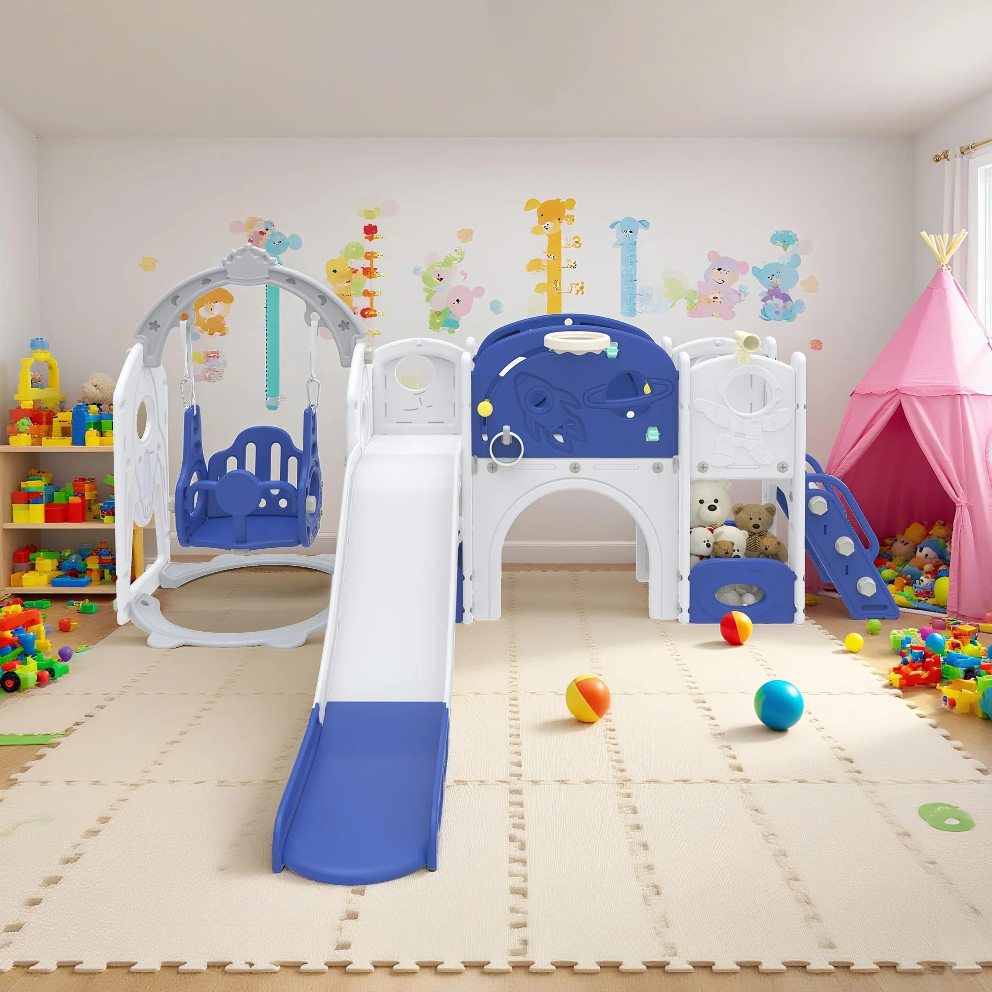 Froadp Scivolo 9 in 1 per bambini a partire da 1 anno, per interni ed esterni, in HDPE e PP, con altalena, scaletta da arrampicata, tunnel, spazio di archiviazione, cestino da basket e telescopio da