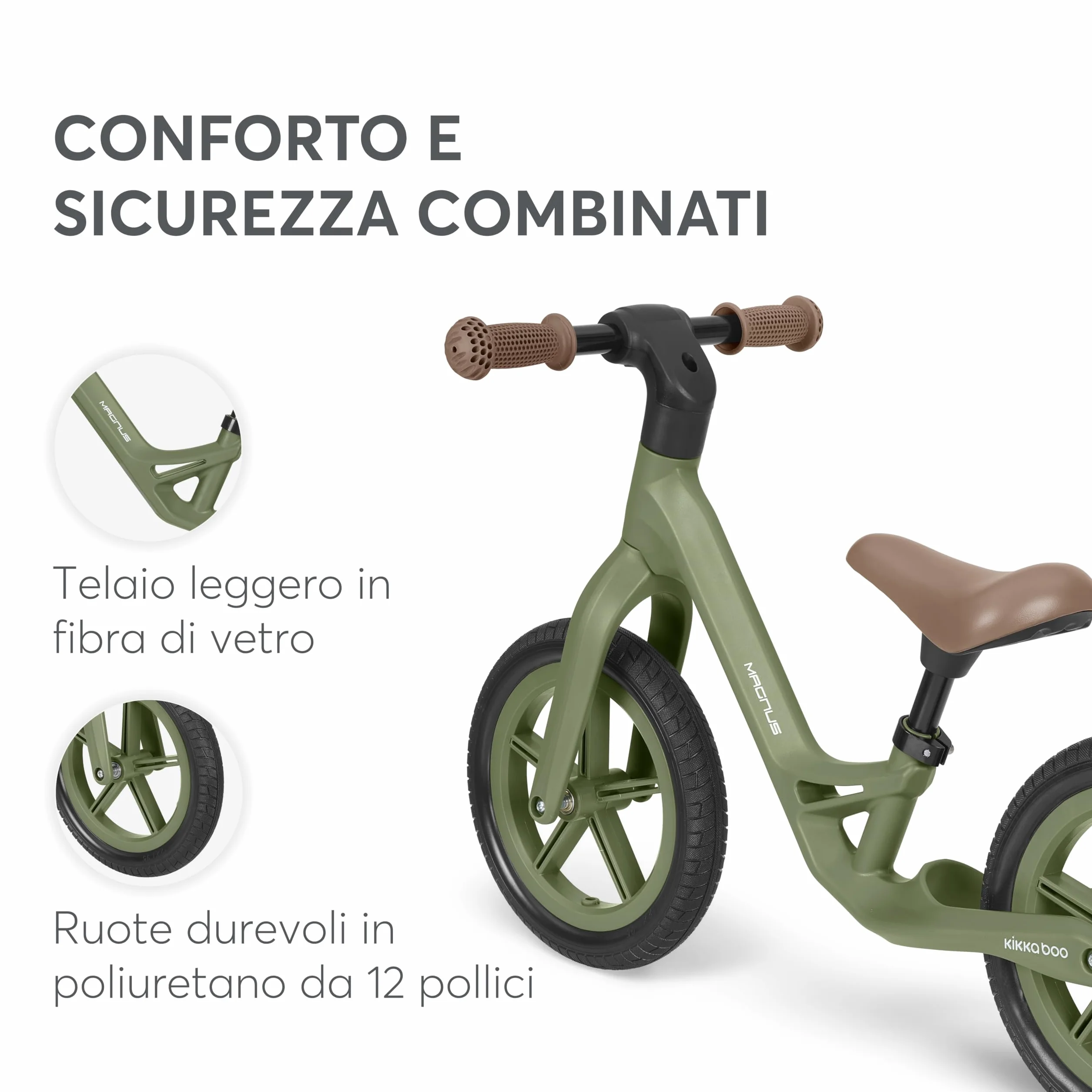 KikkaBoo MAGNUS Bicicletta Senza Pedali per Bambini 3–6 Anni, Telaio Leggero in Fibra di Vetro, Sedile Regolabile, Maniglie Antiscivolo, Ruote PU Resistenti