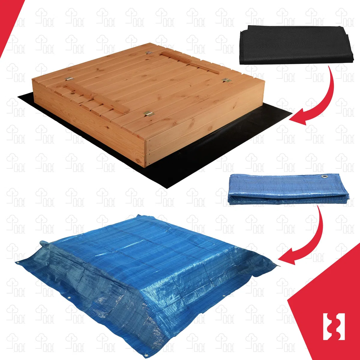 KOTARBAU® Sabbiera per Bambini con Coperchio - Legno di Pino - 120 x 120cm - Marrone - Sabbiera da Giardino per Bambini - con Panche Pieghevoli e Telo Antierba - Impragnato