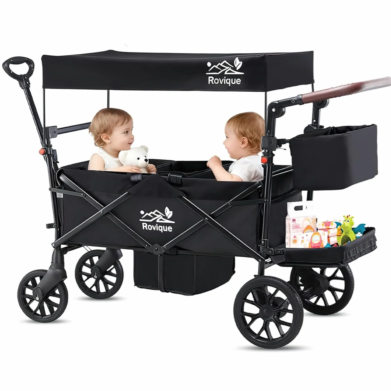 Carrozzina pieghevole per 2 bambini, con tetto e vassoio rimovibile, porta con chiusura lampo, cintura a 5 punti, manico regolabile, carrello con sedile, trascinamento e scorrimento
