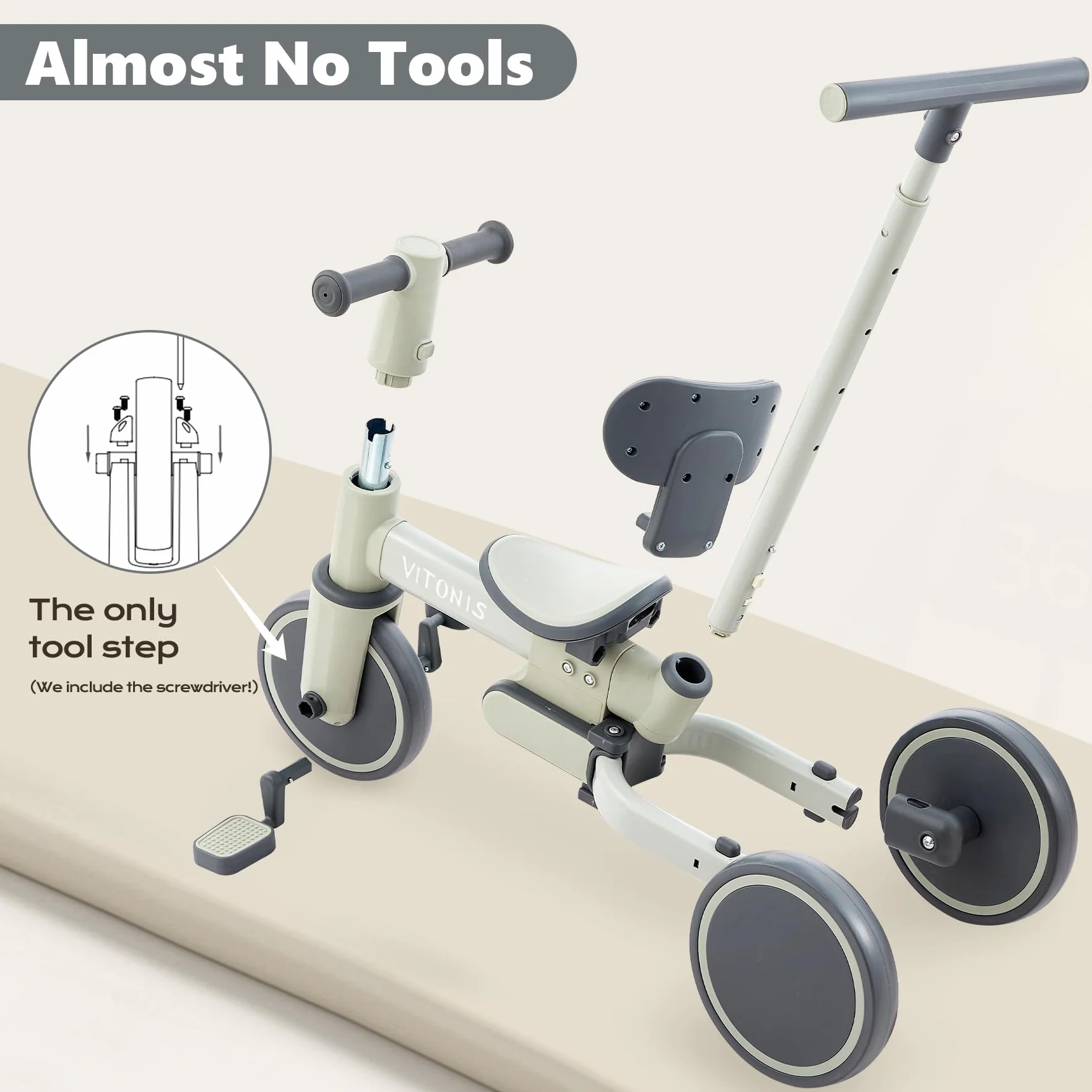 Bicicletta senza pedali da 1 anno, triciclo 5 in 1 con barra di spinta per bambini, bicicletta senza pedali per bambini piccoli, regalo per bambini e bambine