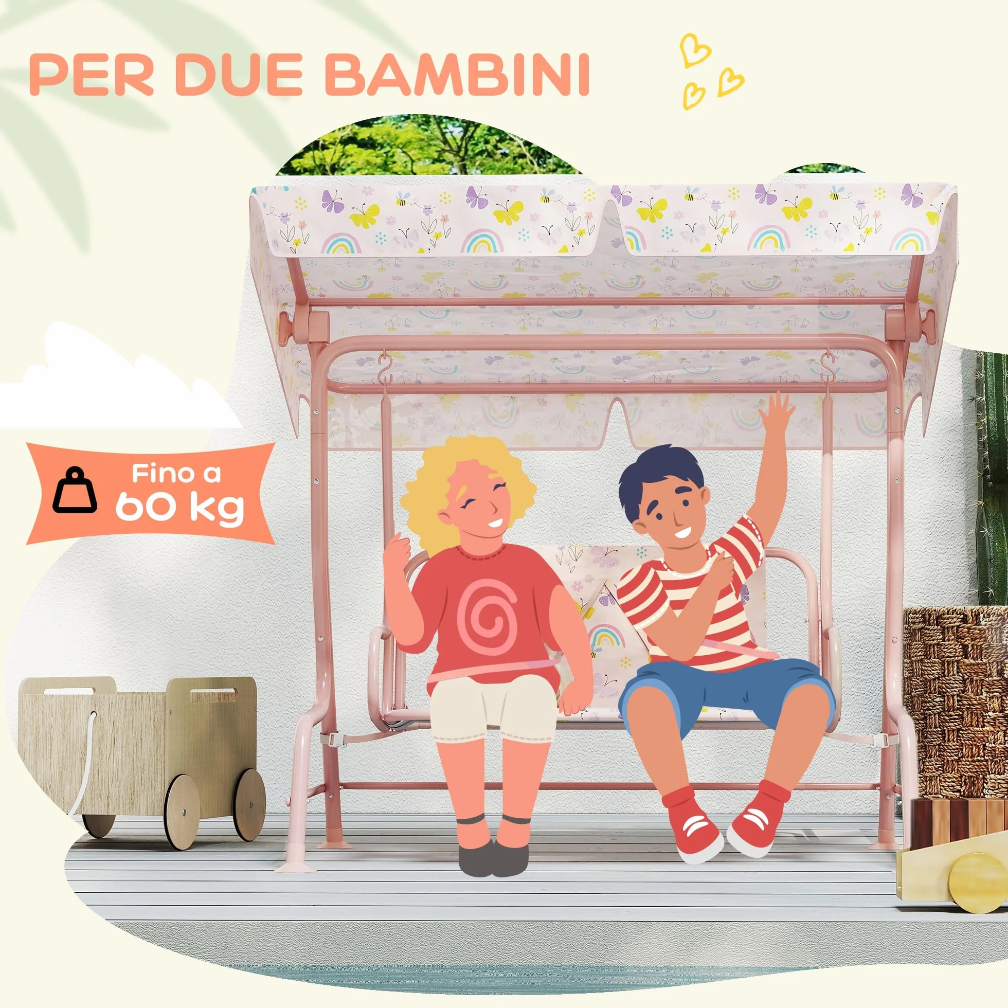 AIYAPLAY Dondolo per Bambini da Esterno a 2 Posti con Tettuccio Regolabile e Cinture di Sicurezza, Altalena Dondolo da Giardino e Interno in Acciaio e Oxford, Max 60 kg, 112x75x120 cm, Rosa
