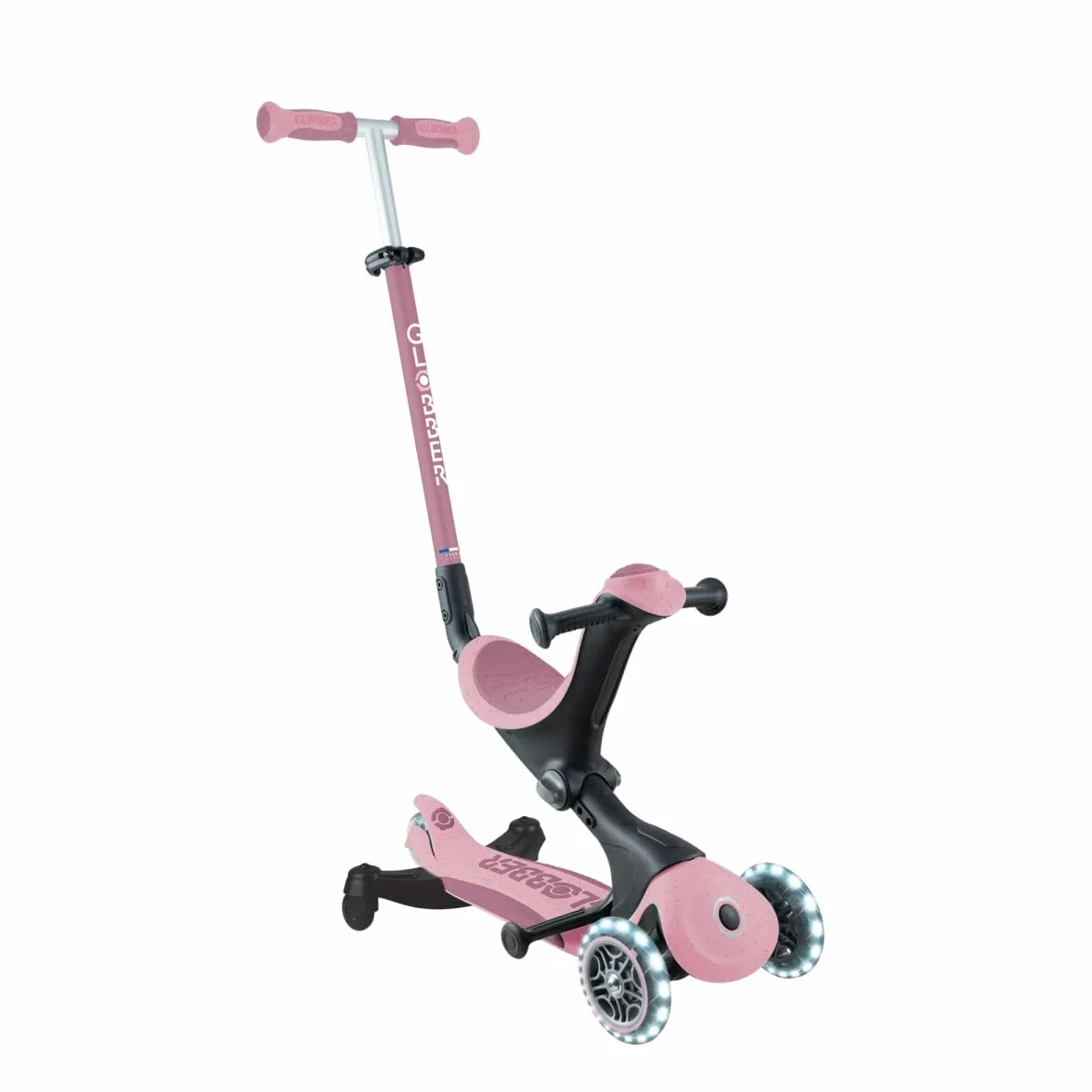 Globber - GO•UP DELUXE LIGHTS ECO 360 - monopattino evolutivo a 3 ruote con seduta girevole a 360°, poggiapiedi, luci LED e materiali sostenibili, per bambini da 15 mesi a 6 anni - rosa bacca