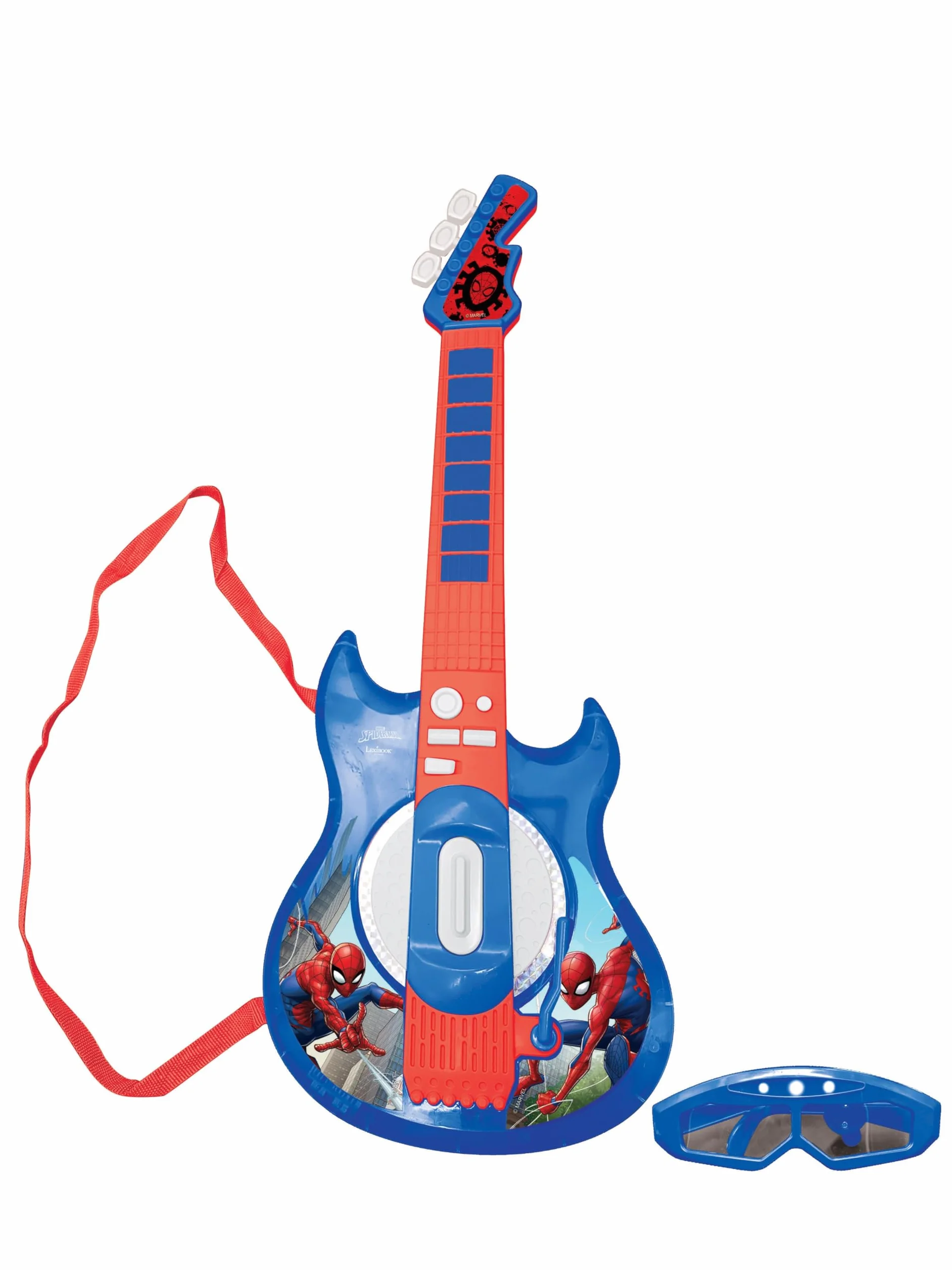 Lexibook Spider-Man Chitarra elettronica illuminata con microfono, occhiali con microfono, canzoni demo, MP3 plug, blu/rosso, K260SPLXB