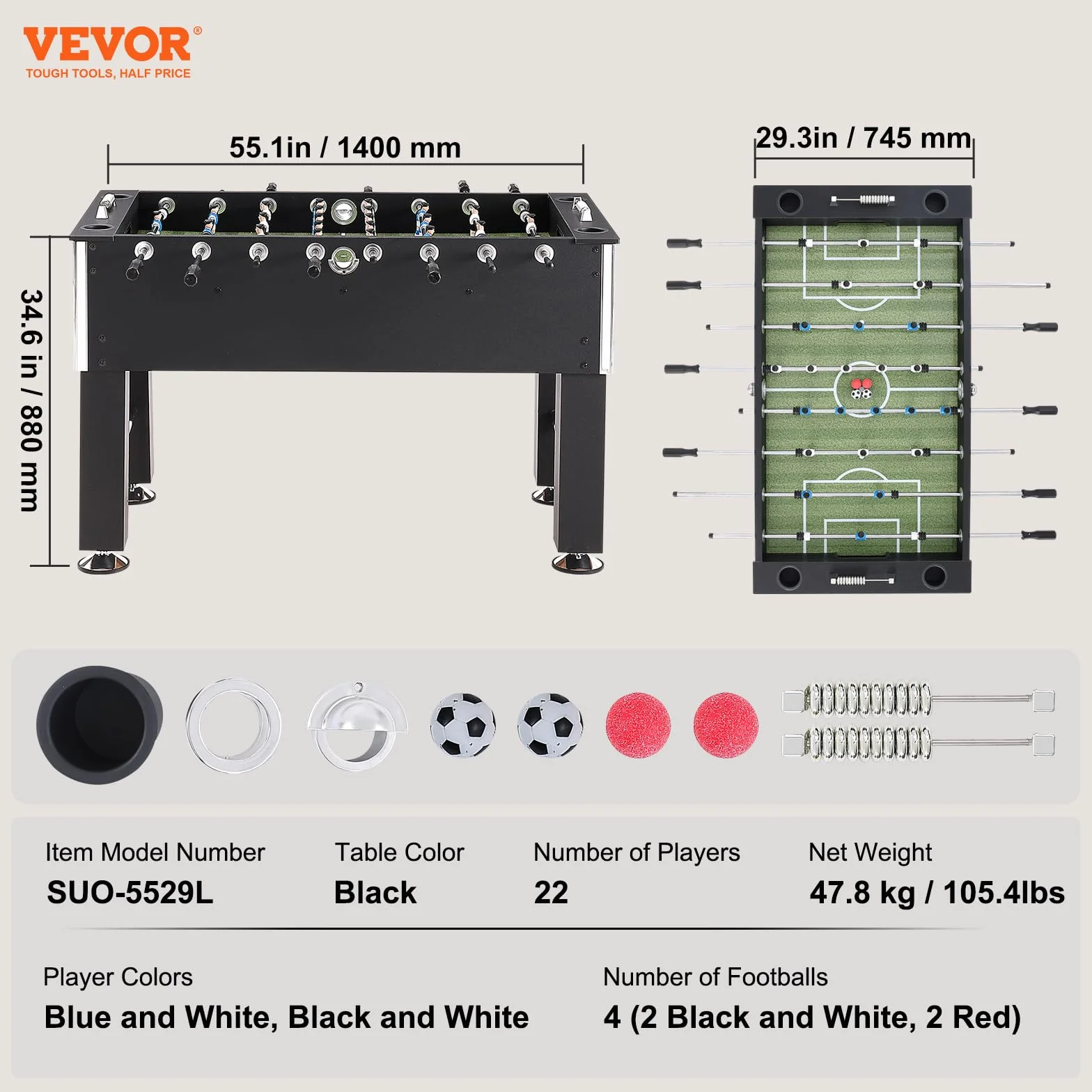 VEVOR Biliardino, Biliardino di Dimensioni Standard da 55 Pollici, Biliardino da Interno a grandezza naturale per Casa, Famiglia e Sala Giochi, Calcio con Set da Biliardino
