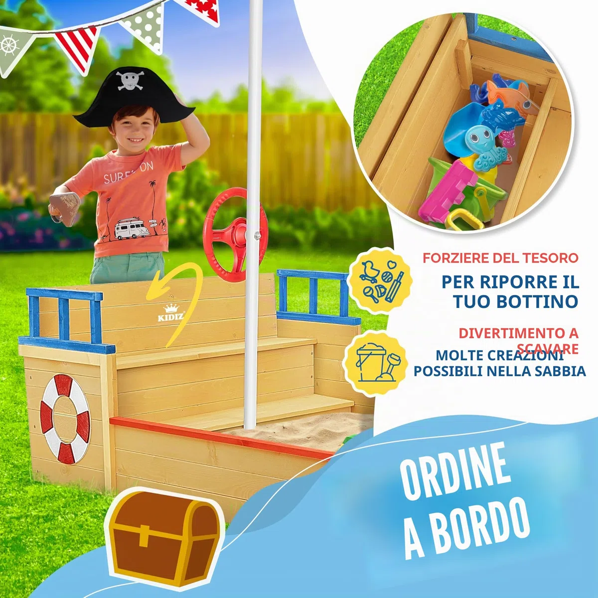 KIDIZ® Sabbiera per bambini Ahoy - nave pirata - barca giocattolo - barca a vela in legno - incl. copertura protettiva, colorato