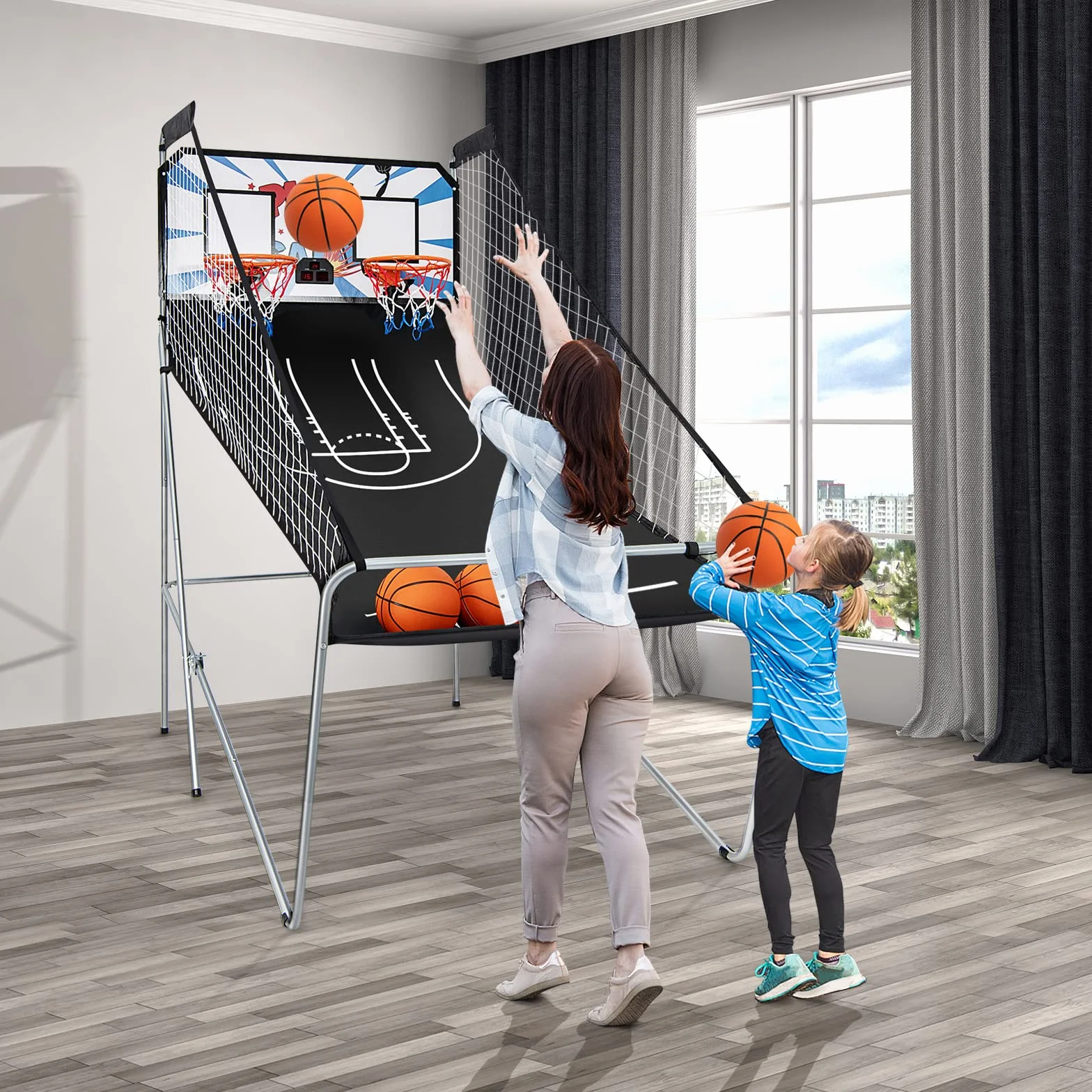 LIFEZEAL Gioco Arcade di Pallacanestro pieghevole, doppio cestino da Basket con 8 modalità di gioco e contatore per 2 persone, rete di sicurezza, telaio in metallo, 4 palloncini, 1 pompa