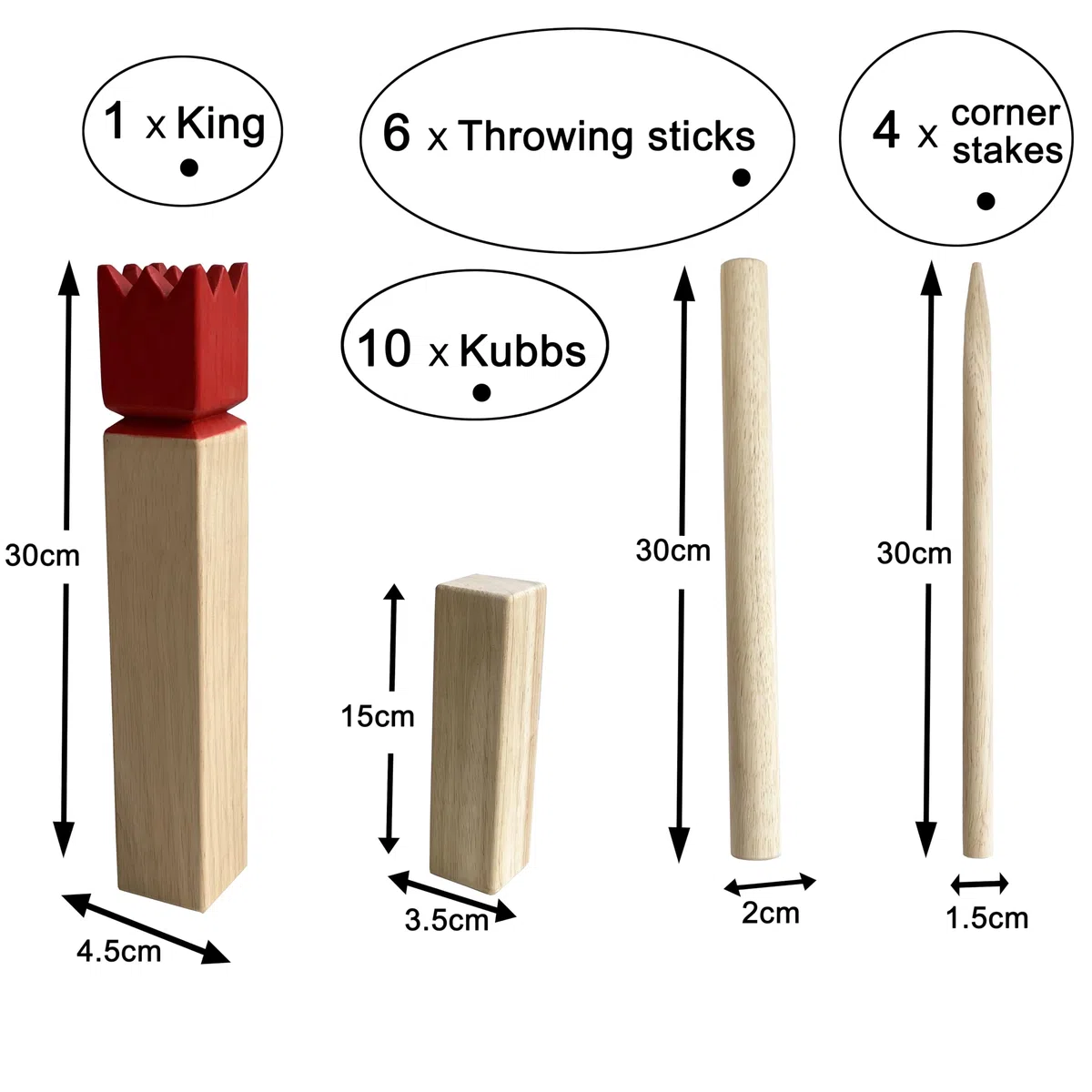 Jac & Mok Kubb - Set di giochi vichinghi in legno duro, giochi all'aperto (Kubb rosso, 5 x 5 x 30 cm, king size)