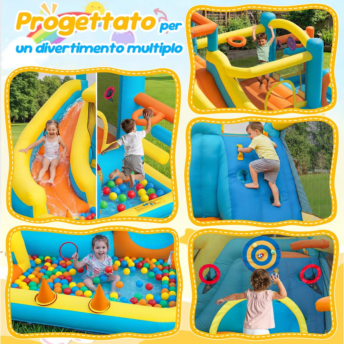 Castello Gonfiabile con Scivolo Acquatico, Piscina di Palline, Area di Salto e Parete da Arrampicata, Soffiatore d'aria Incluso, Utilizzo Interno/Esterno per Giardini, Feste e Famiglie