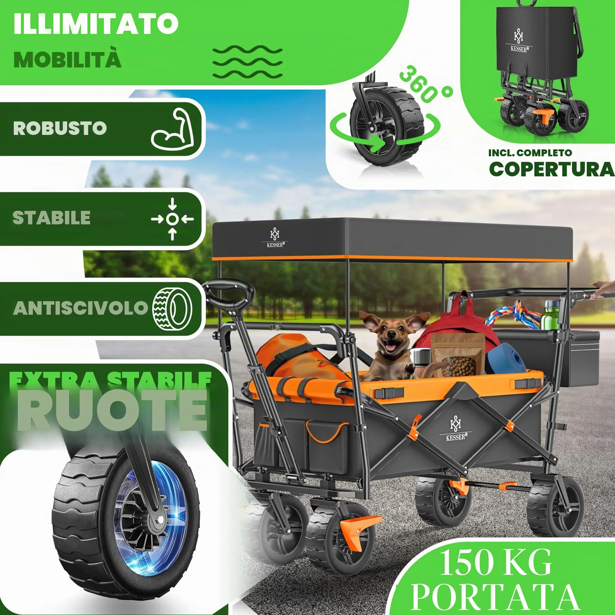 KESSER® Carrello pieghevole GT9000 con tetto | Carrello di trasporto max. portata 150 kg con ruote in gomma dura e freni anteriore/posteriore | Include serratura, copertura