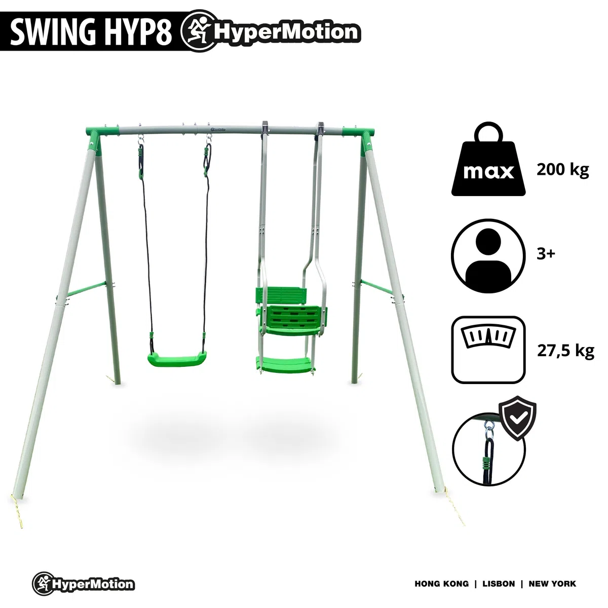 HyperMotion Altalena da Giardino per Bambini a 3 Posti, Set di Altalene per Parco Giochi, Telaio in Acciaio Resistente, Corda Regolabile in Lunghezza