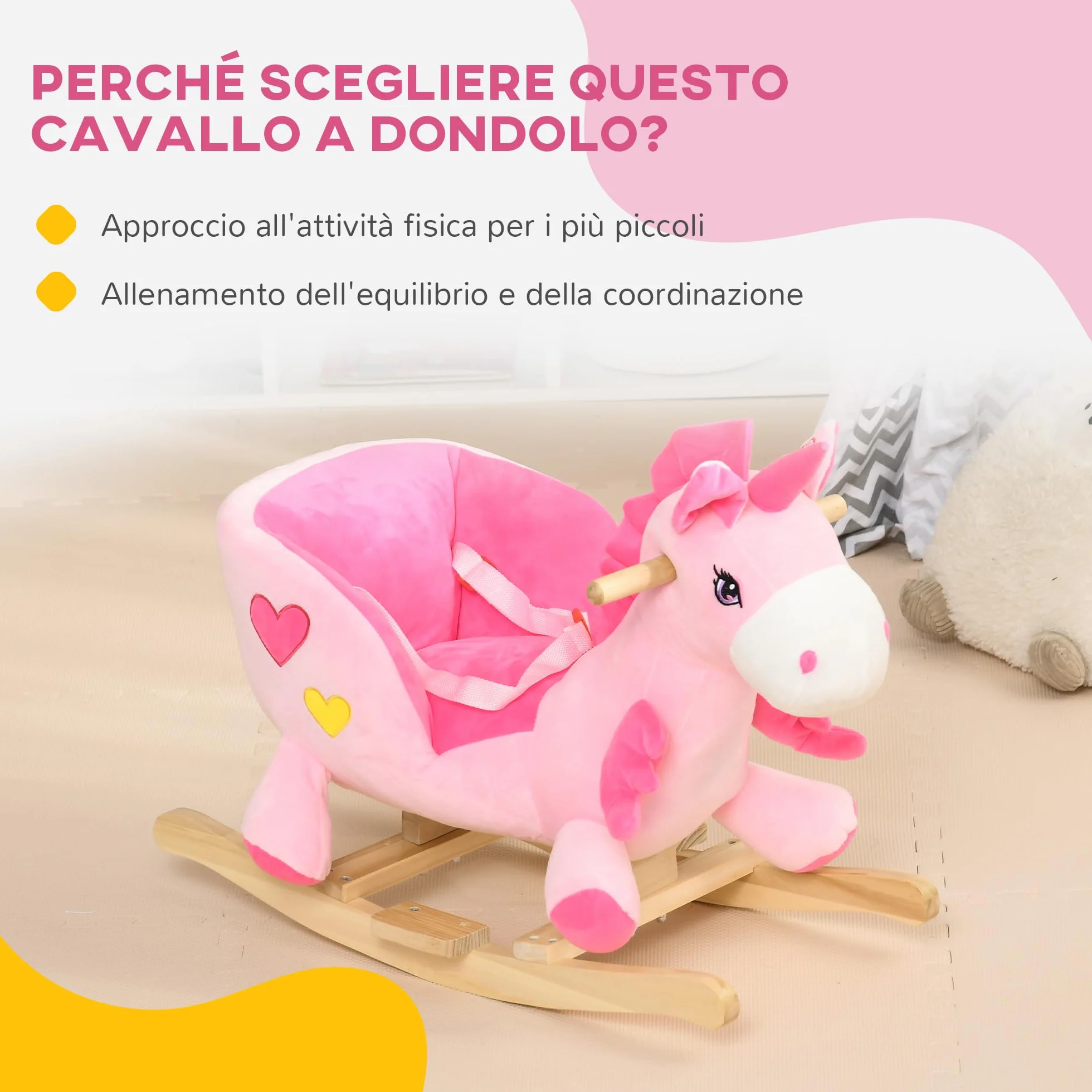 HOMCOM Cavallo a Dondolo con 32 Canzoni, Unicorno a Dondolo in Peluche con Base in Legno e Cintura di Sicurezza per Bambini da 18-36 Mesi, Rosa