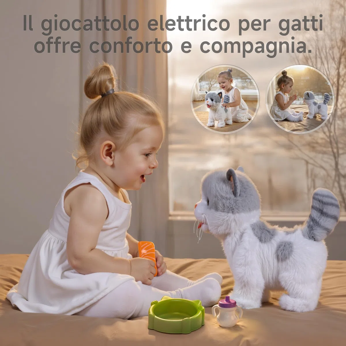 OR OR TU Gatto Giocattolo per Bambini Peluche Elettronico Cammina al Guinzaglio che Lecca Interattivi Realistici 3-7+ anni