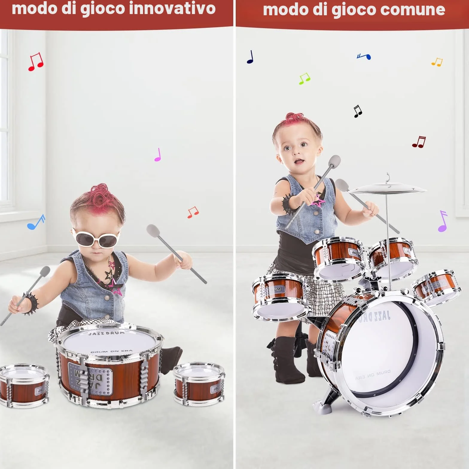 m zimoon Kit Batteria Jazz Per Bambini, 5 Tamburi Con Sgabello Pedale E Bacchette Per Principianti Strumento Musicale Percussione Giocattolo Vacanze Compleanno Regalo Educativo Per Ragazzi E Ragazze