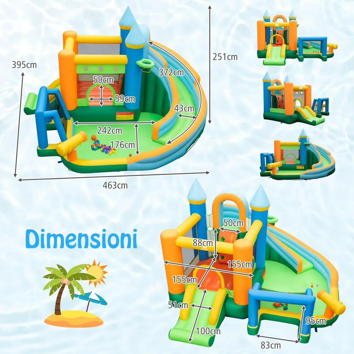 RELAX4LIFE Scivolo d'Acqua Gonfiabile, Parco Acquatico con Doppio Scivolo, Piscina Spruzzo, Parete da Arrampicata, Cannone ad Acqua, Canestro da Basket, Porta da Calcio, Palline Oceaniche e Anelli