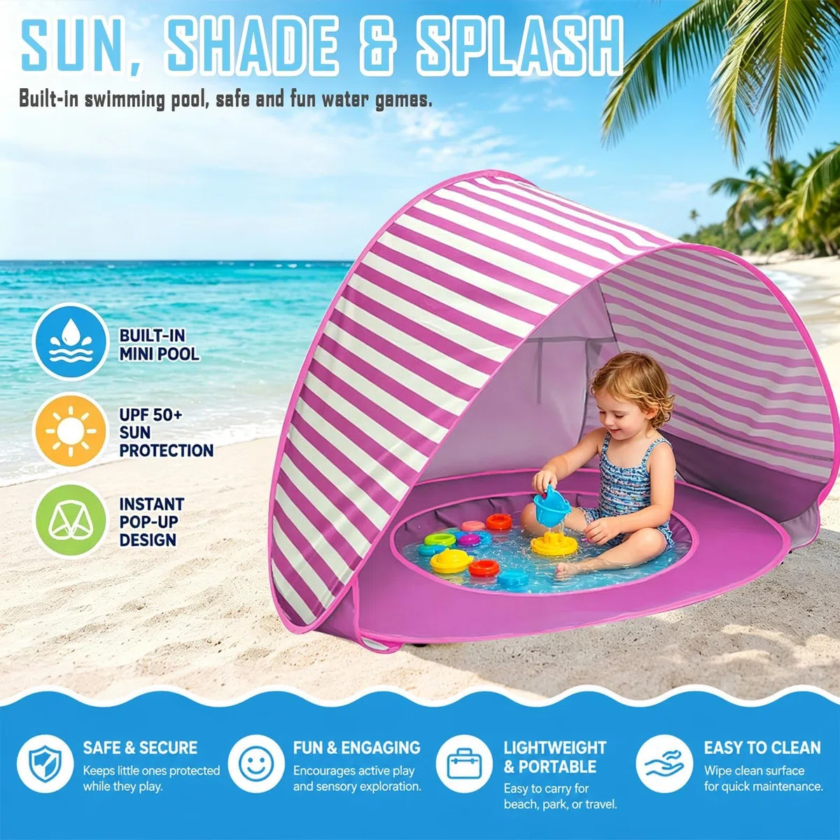 MeYuxg Tenda da spiaggia per bambini con protezione UV 50+ portatile mini piscina separabile rosa