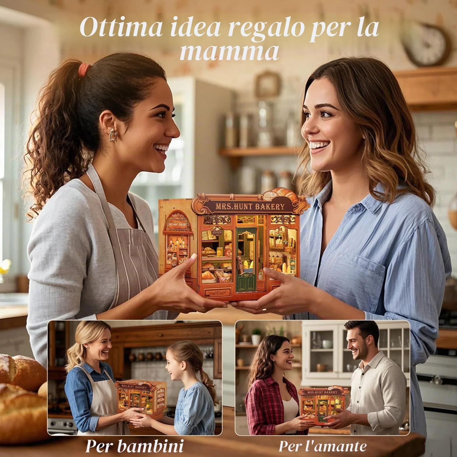 Cutefun DIY Case delle bambole Book Nook Model Kit, Reggilibri Scaffale Inserto Decorazione con Luce LED,Kit di Costruzione di Modellini in Legno per (MRS.HUNT BAKERY)