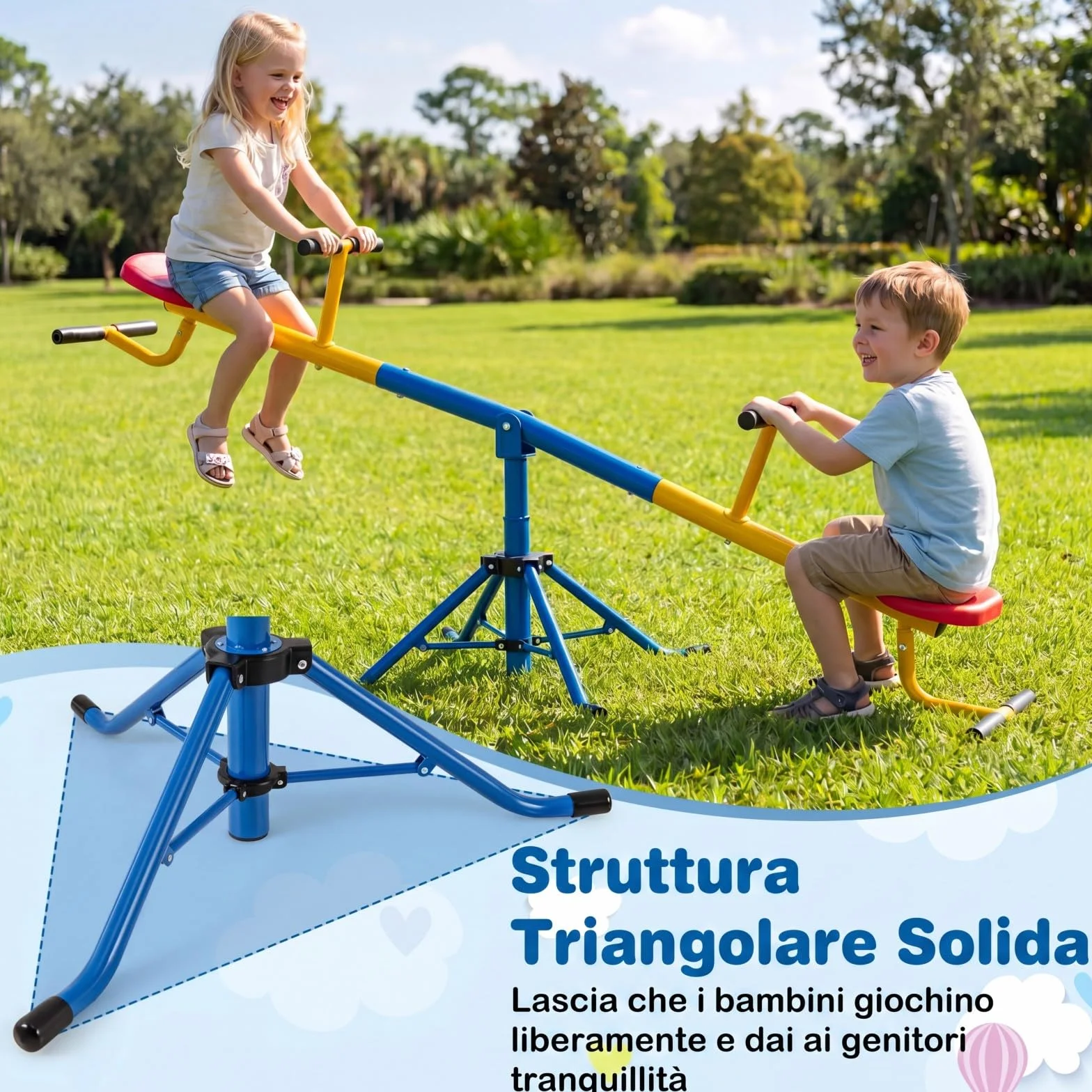 COSTWAY Altalena Basculante per Bambini, Altalena Saliscendi a 360° con Fermo per le Gambe, Altalena Basculante per Esterno Cortile e Parco Giochi, 2 Posti a Sedere