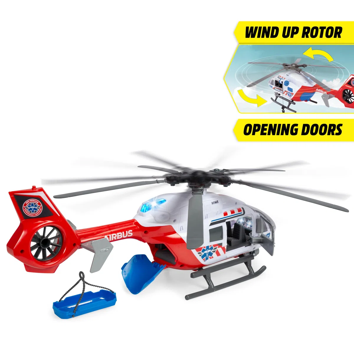 Dickie Toys - Airbus H145 Elicottero Giocattolo 1:24 con Luci e Suoni, Verricello Manuale, Portiere e Portellone Apribili, 54 cm, +3 anni, 203719035