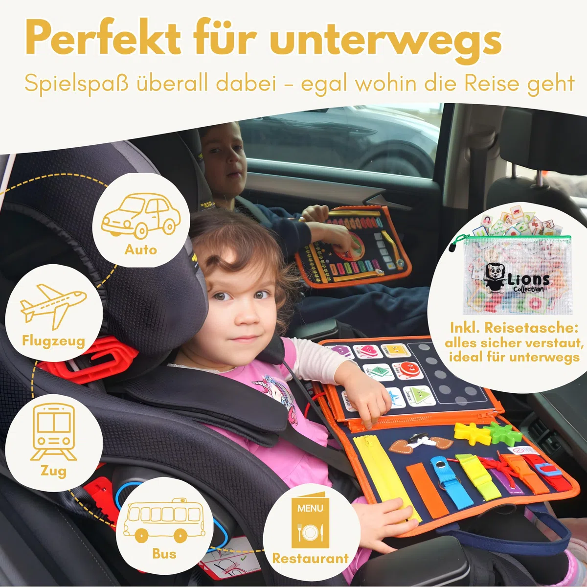 Lion's Collection® Busy Board Tedesco - Montessori Giocattoli a partire dai 3 anni per promuovere le capacità motorie e la creatività - Activity Board per bambini - Busy Book & Quiet Book su 10 pagine