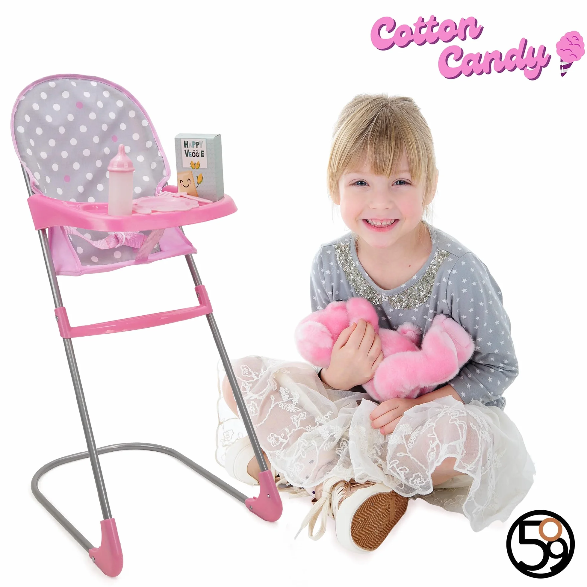 509 Crew Doll Pram n Feed 8 Piece Combo Play Set, Classic Doll Pram, Doll High Chair, Diaper Bag, 5 Piece Feeding Toys, for Dolls 46cm, Pretend Play for Kids Ages 3+