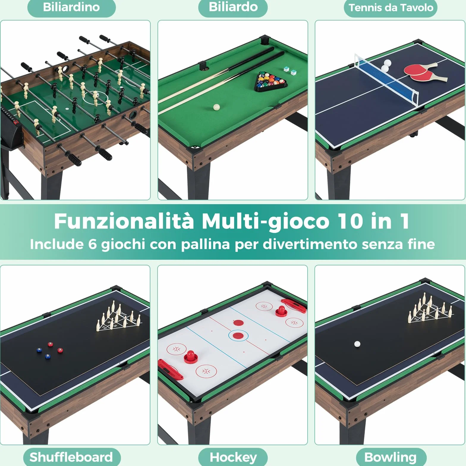 COSTWAY 12 in 1 Set da Tavolo per Giochi Combo, Tavolo Multiuso con Calcio Balilla Air Hockey Biliardo Ping Pong Scacchi Bowling, Set Combinato per Giochi Multipli