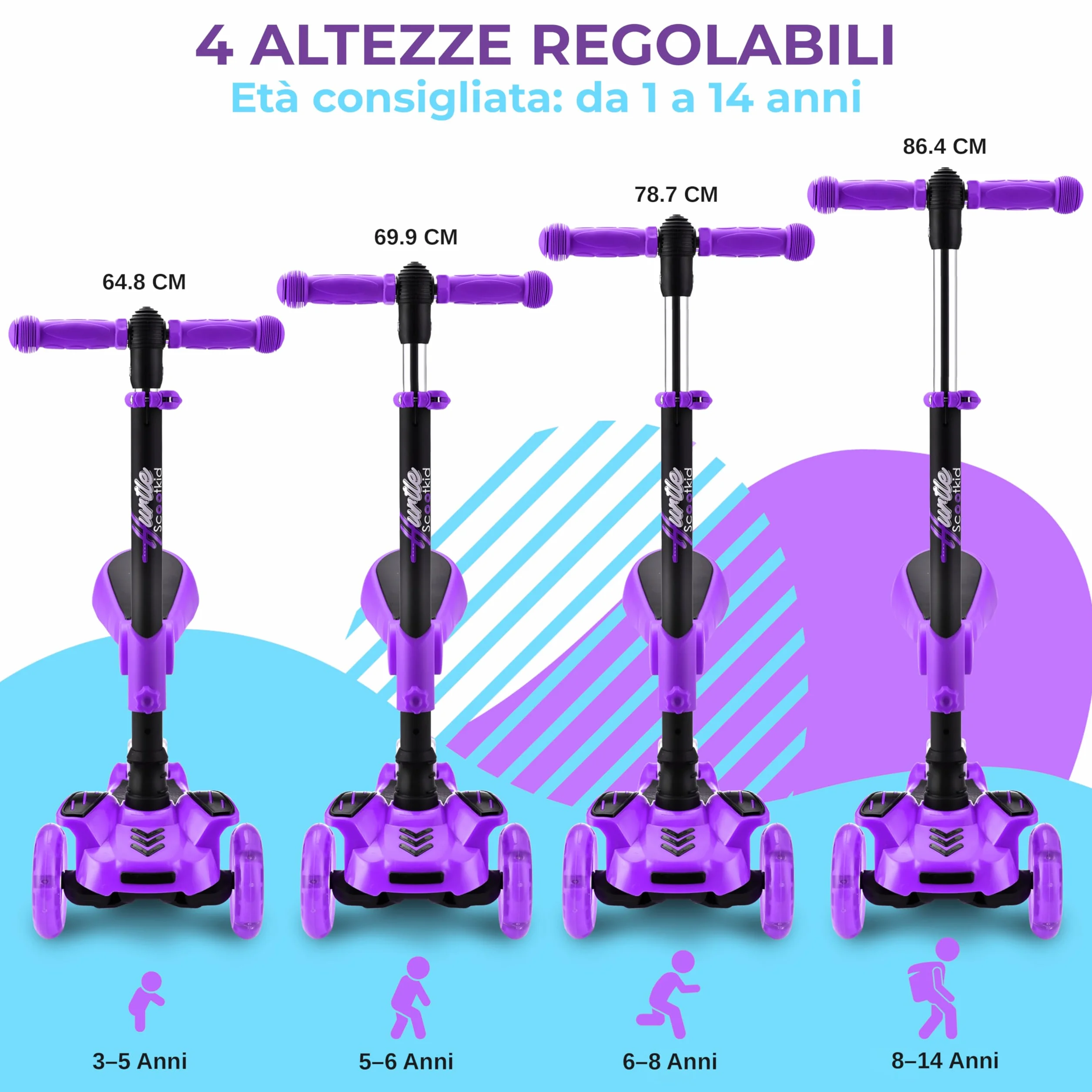 Hurtle Monopattino Bambino, Monopattino Bambina, Monopattino a 3 Ruote, Regolabile in Altezza con Sedile Pieghevole, Scooter per Bambini e Bambine con Ruote LED Multicolore, Dai 1 ai 14 Anni