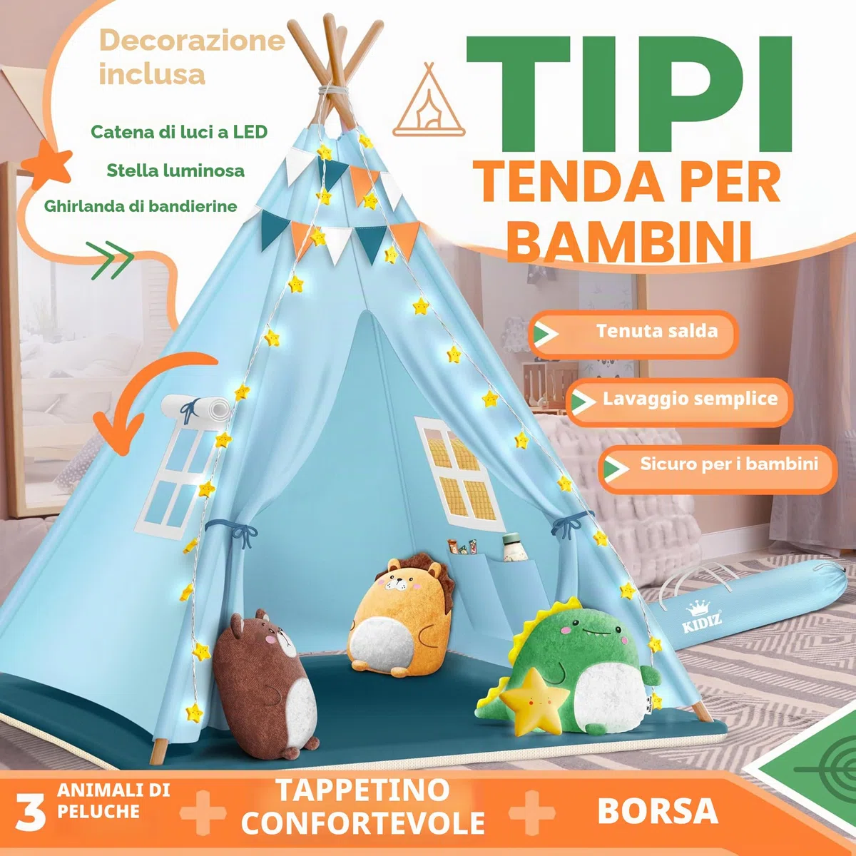 KIDIZ® Tipi Tenda da gioco per bambini 100 x 100 x 160 cm cotone con LED
