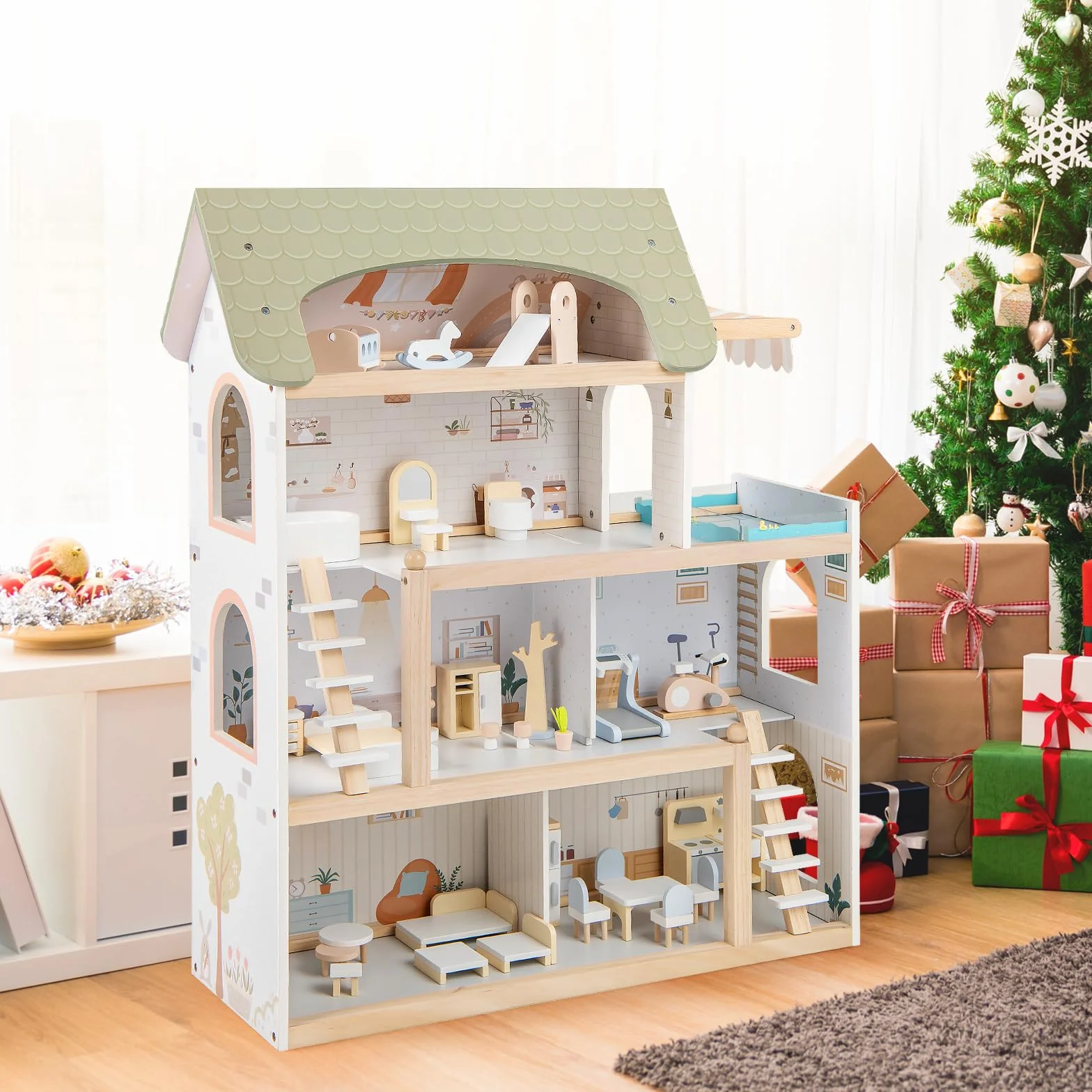 HOMASIS Casa delle Bambole in Legno per Bambini, Bella Casa da Sogno Principessa per Bambole, Casseta da Gioco per Bambini 3+ Anni (Modello 2, 63 x 25 x 78 cm)